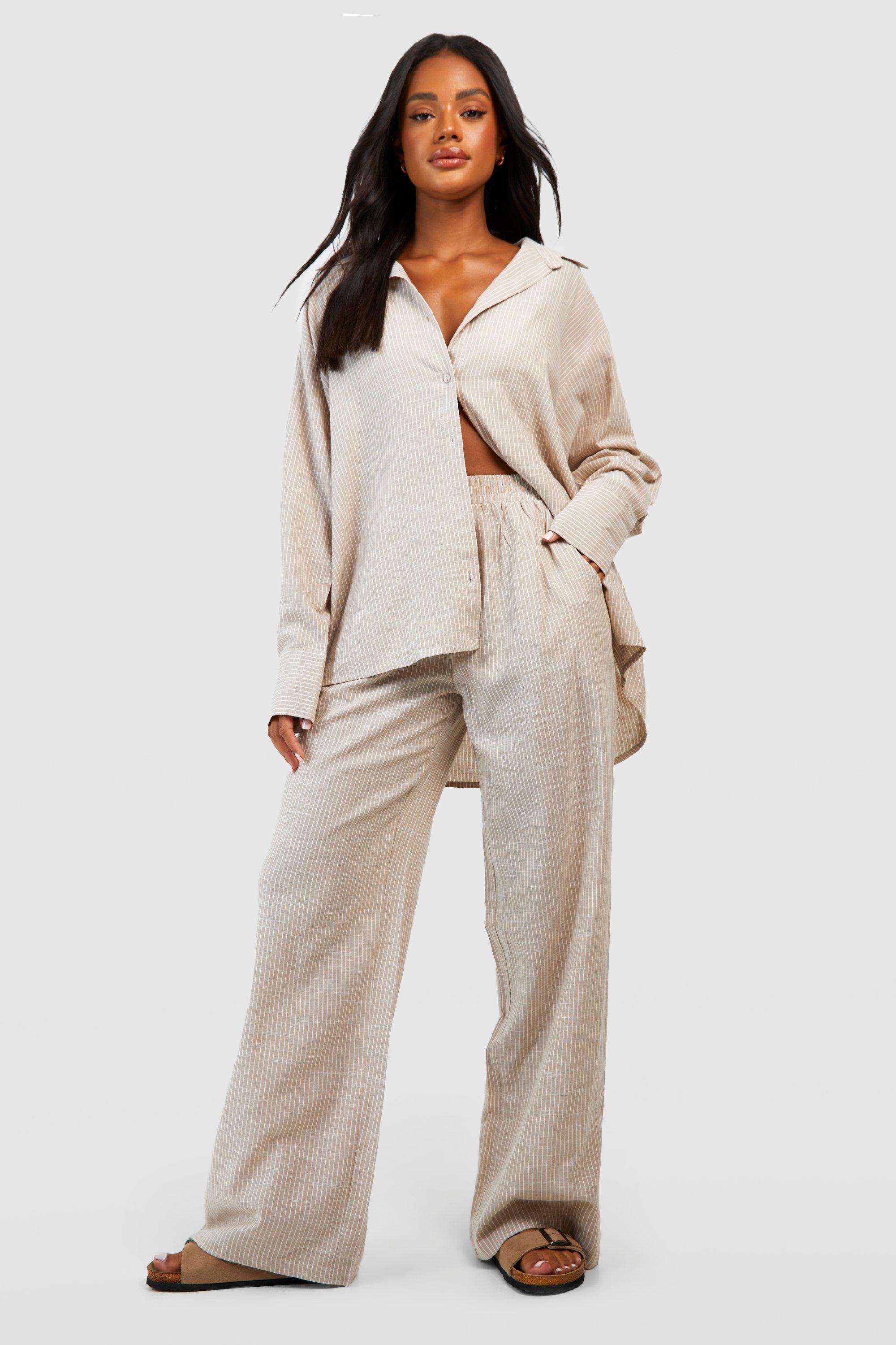 Image of Pantaloni del pigiama in cotone a righe verticali tono su tono, Beige