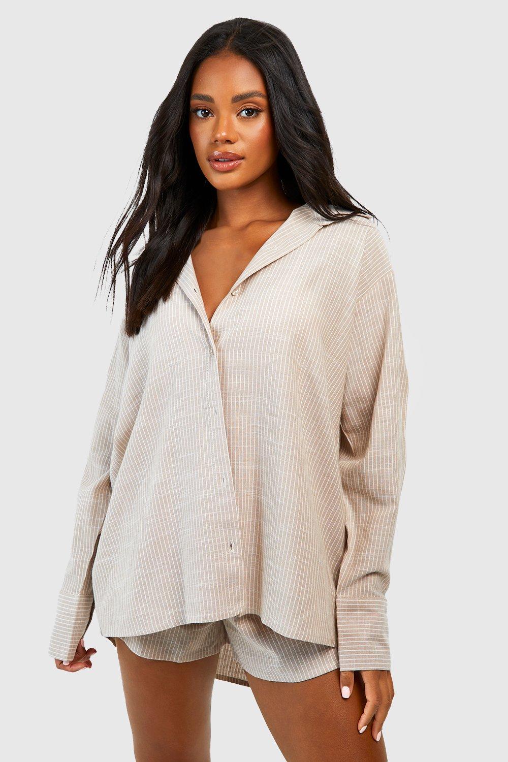 Image of Camicia pigiama oversize in cotone a righe verticali tono su tono, Beige