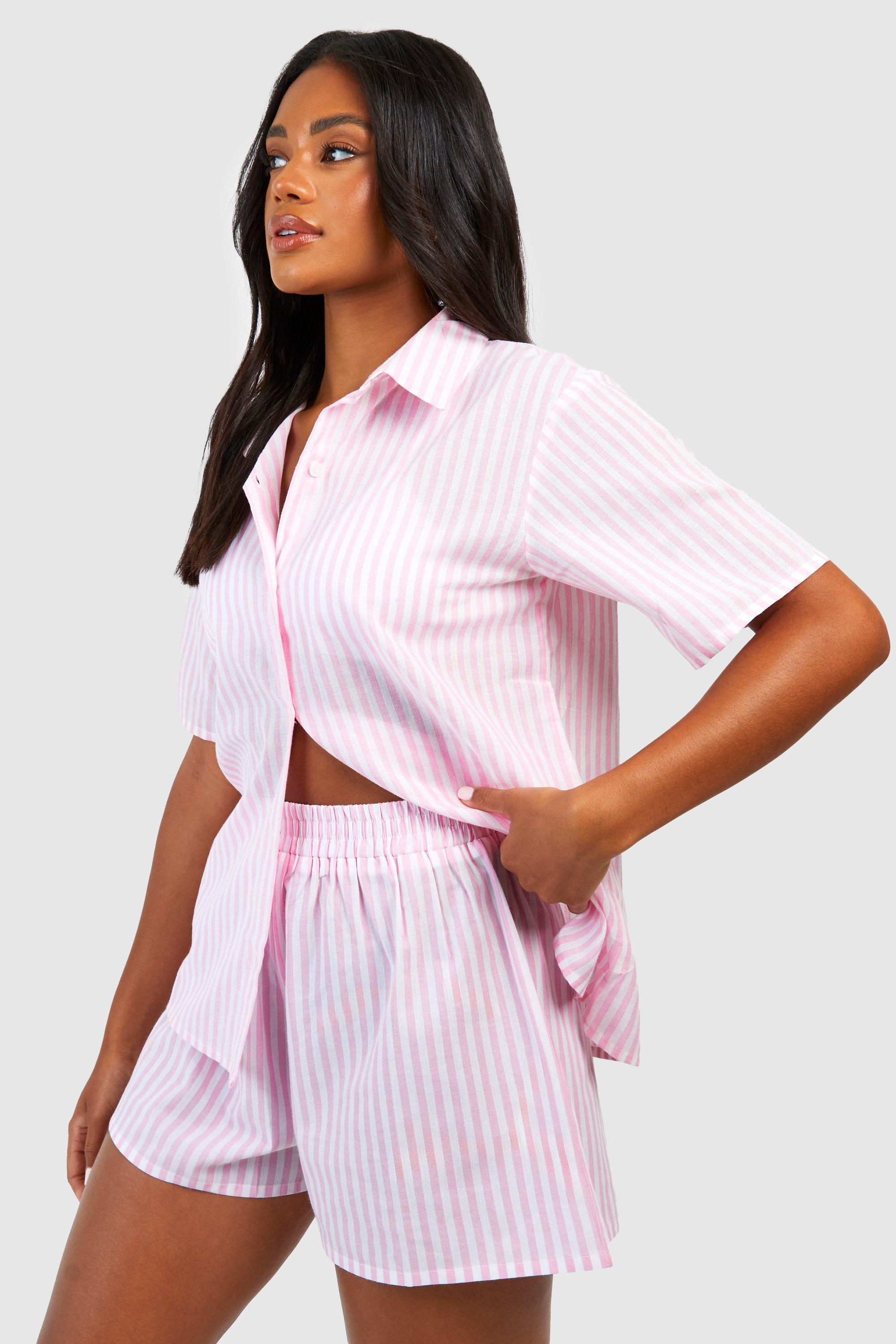 Image of Pantaloncini del pigiama in cotone a righe verticali, Pink