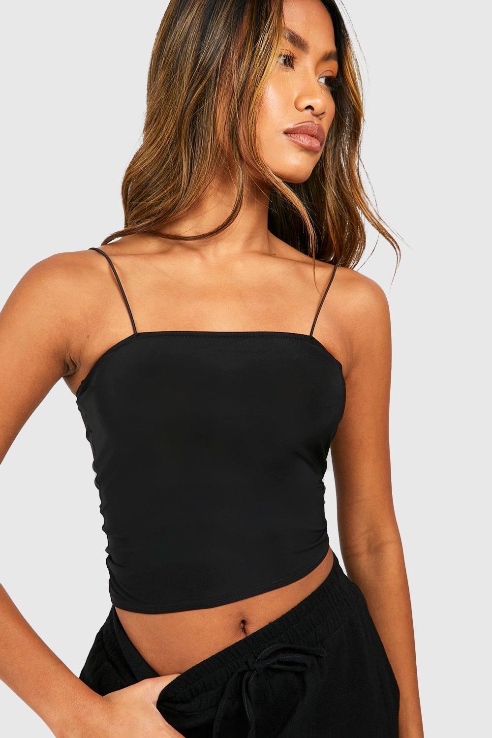 Boohoo Strakke Long Line Crop Top Met Spaghetti Bandjes, Black