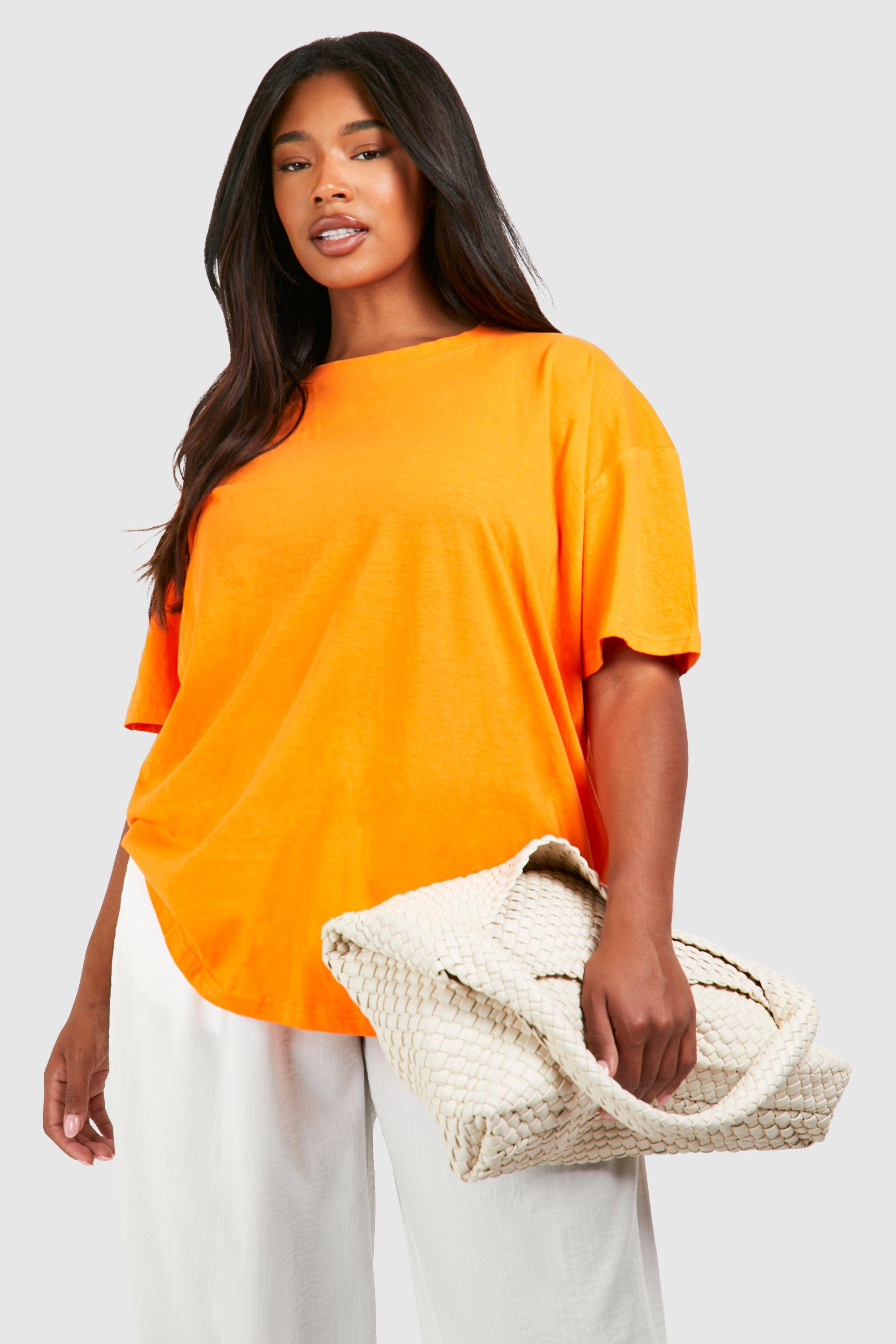 Image of T-shirt Plus Size oversize Basic a girocollo in cotone, Arancio