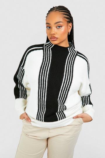 Plus Mixed Wide Stripe Oversized High Neck Sweater