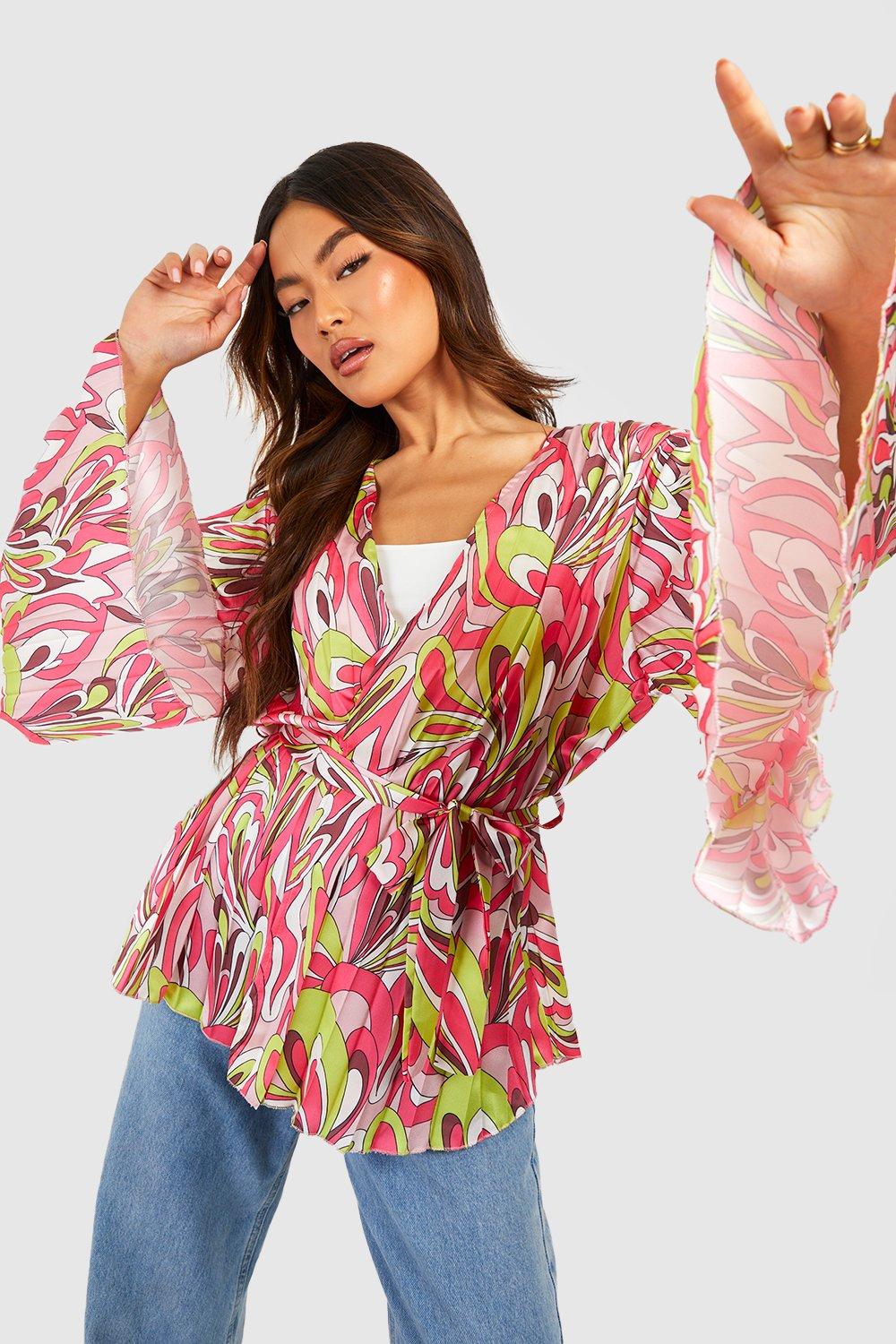 70s Outfits – 70s Style Ideas for Women Womens Abstract Print Flare Sleeve Plisse Belted Kimono - Pink - M $65.00 AT vintagedancer.com