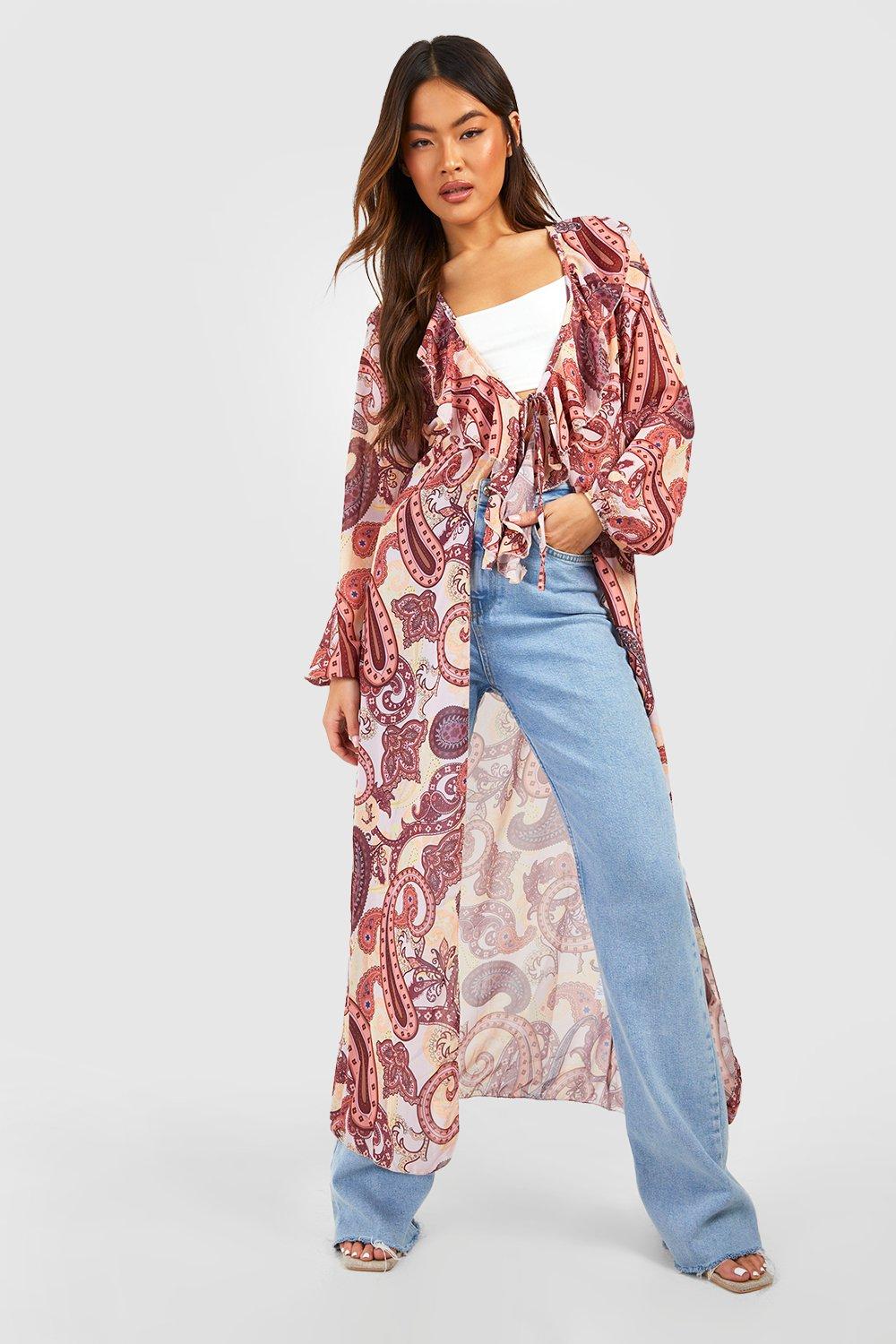 Image of Kimono maxi con stampa in fantasia cachemire e dettagli arricciati, Pink