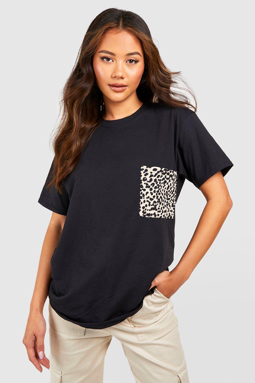 Image of T-shirt oversize con stampa leopardata e tasche, Nero