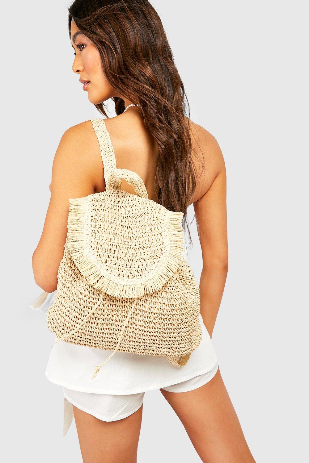 Womens Straw Fringe Backpack Bag - Beige - One Size, Beige