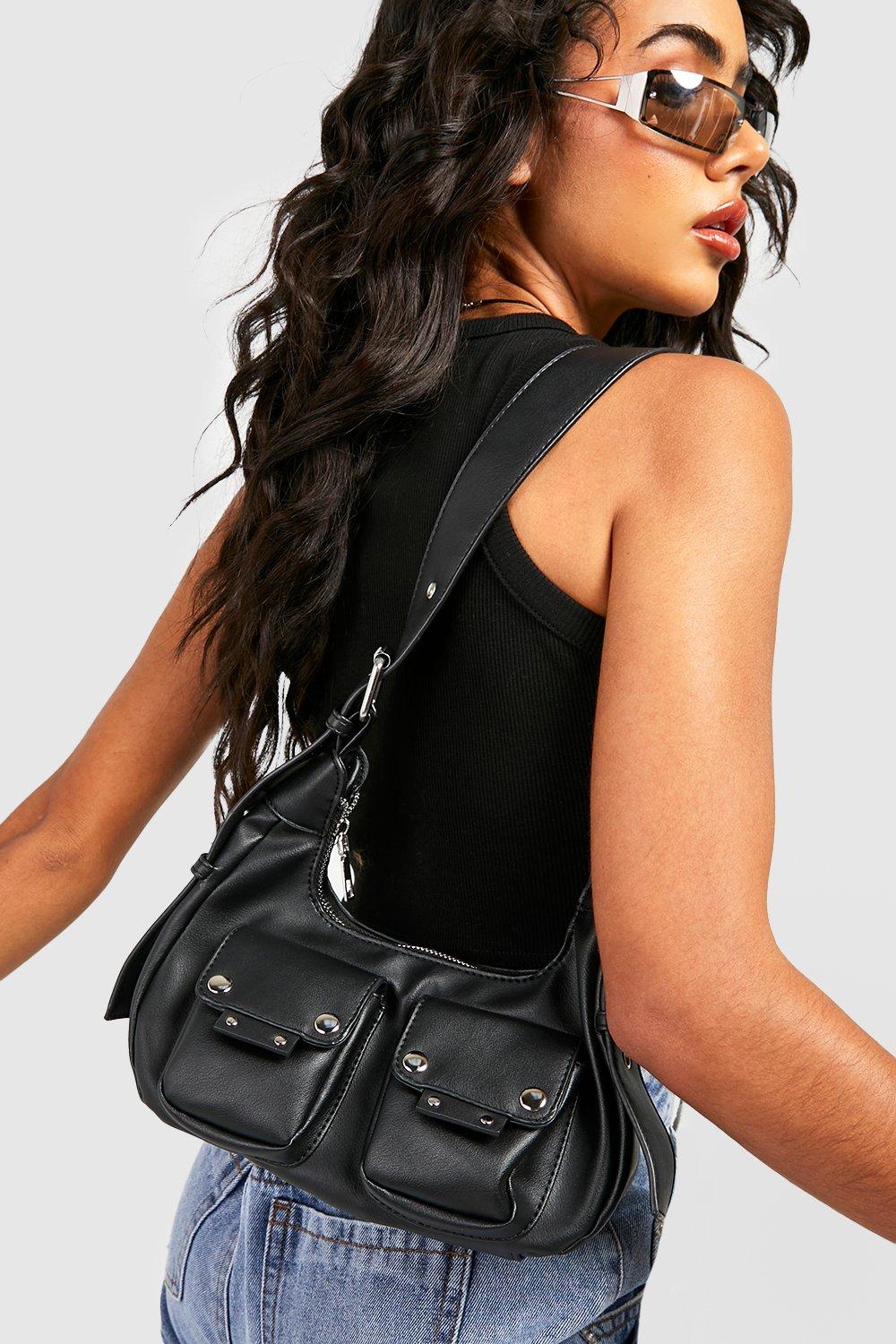 Click to view product details and reviews for Womens Double Pocket Stud Detail Shoulder Bag Black One Size Black.