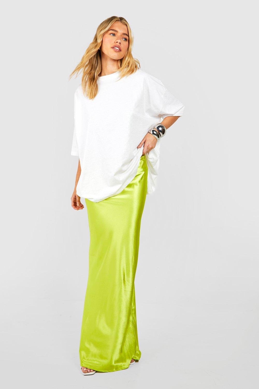 Boohoo Satijnen Bias Maxi Rok, Chartreuse