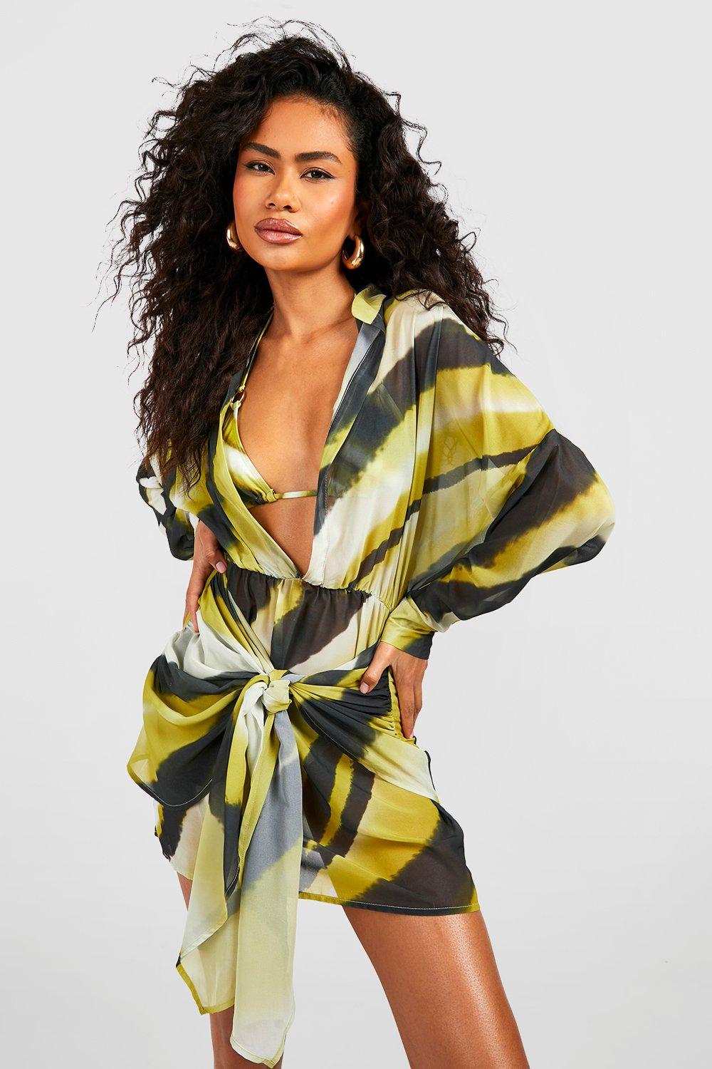 Boohoo Ombre Wikkel Strand Blouse Jurk, Green