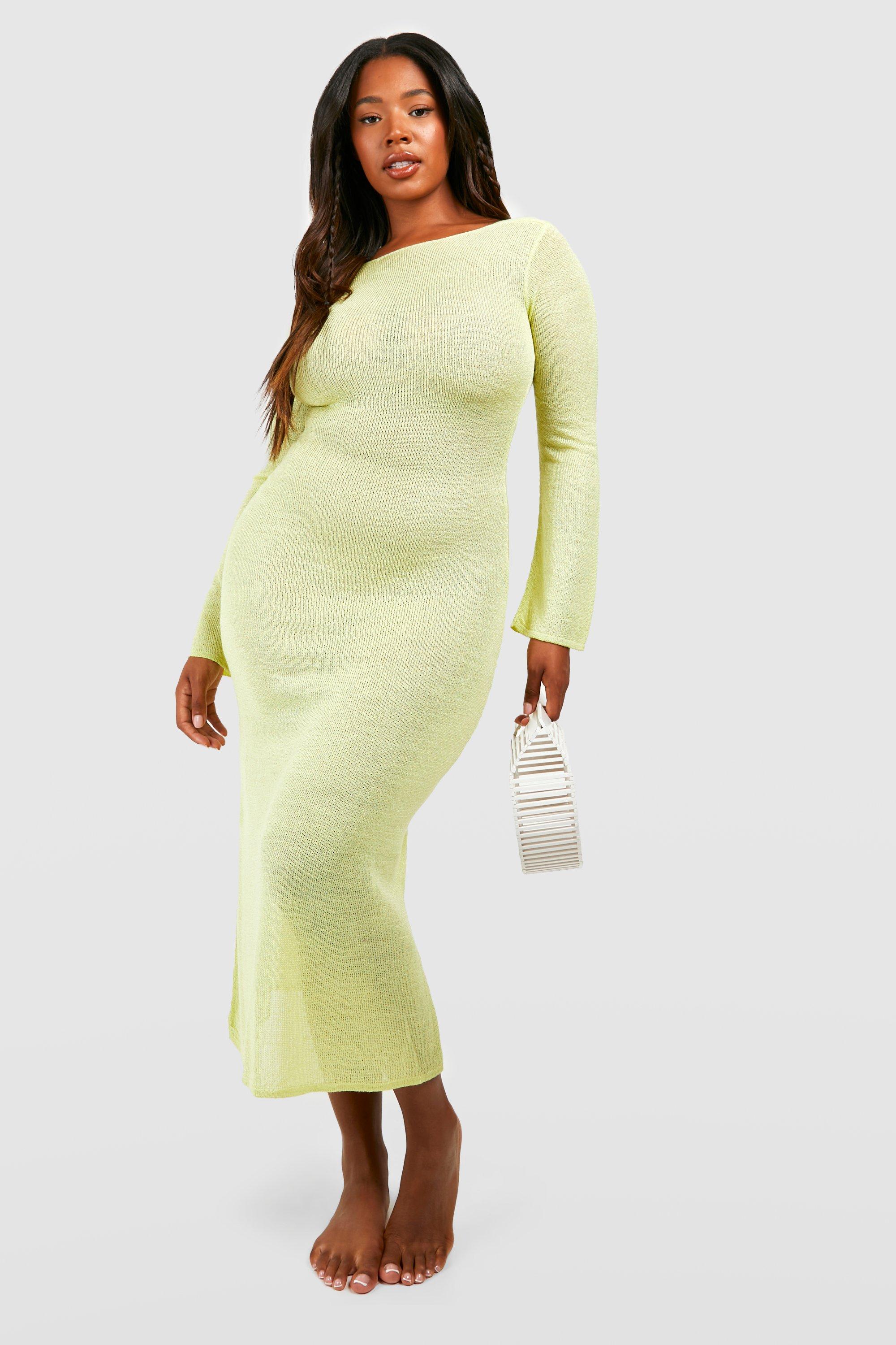 Boohoo Plus Doorschijnende Gebreide Gehaakte Strand Jurk Met Open Rug, Chartreuse