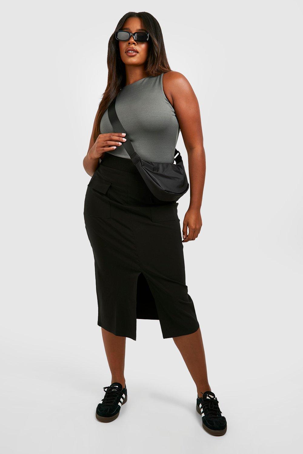 Boohoo Plus Midi Rok Met Zak Detail En Split, Black