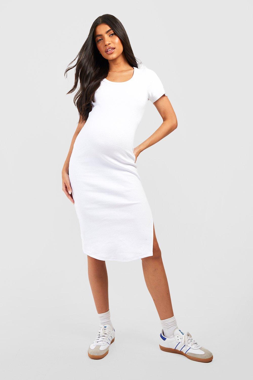 Boohoo Zwangerschap Geribbelde Premium Midi Jurk Met T-Shirt En Split, White