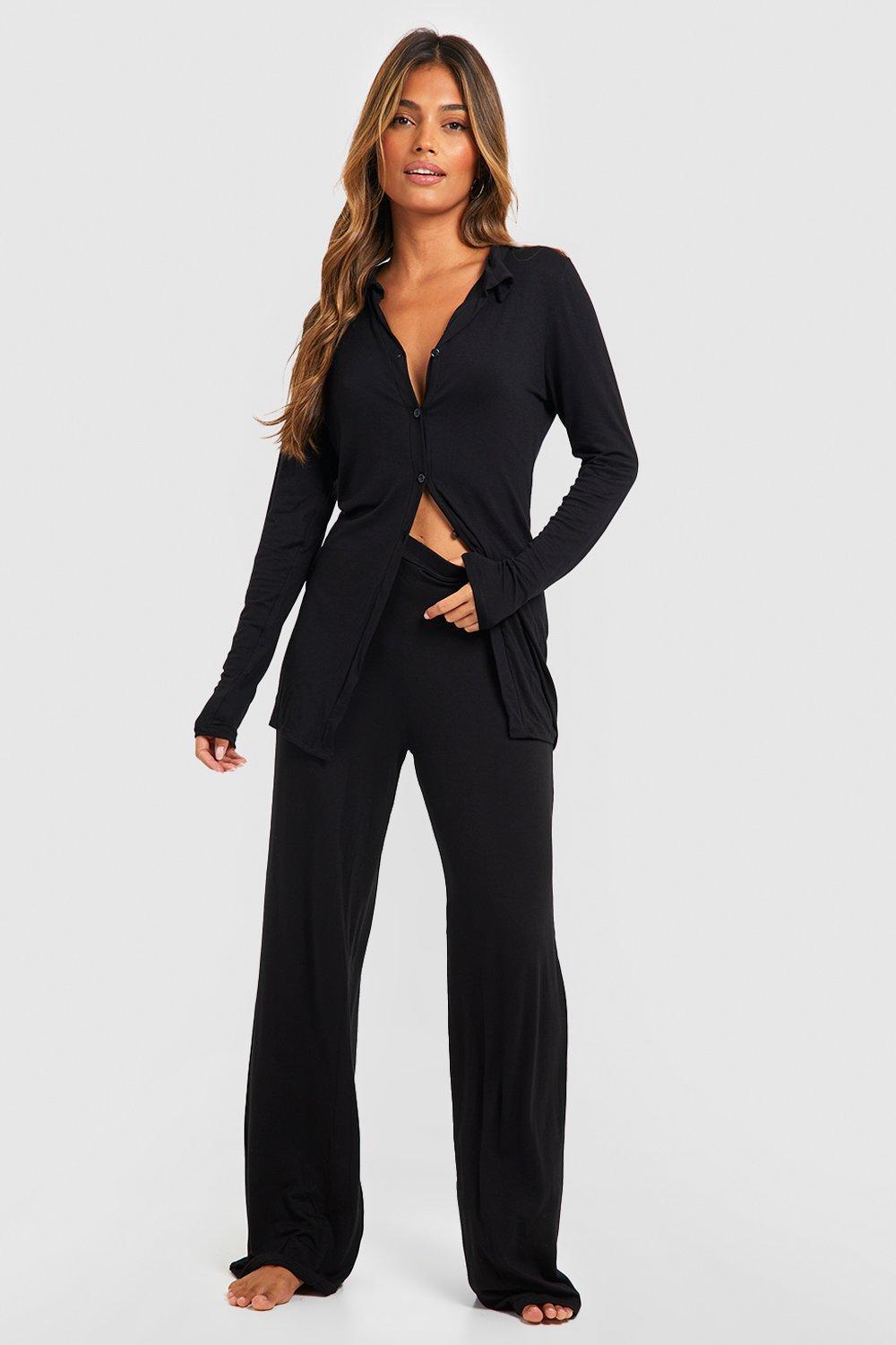 Womens Jersey Collar Button Up Lounge Set - Black - 14, Black