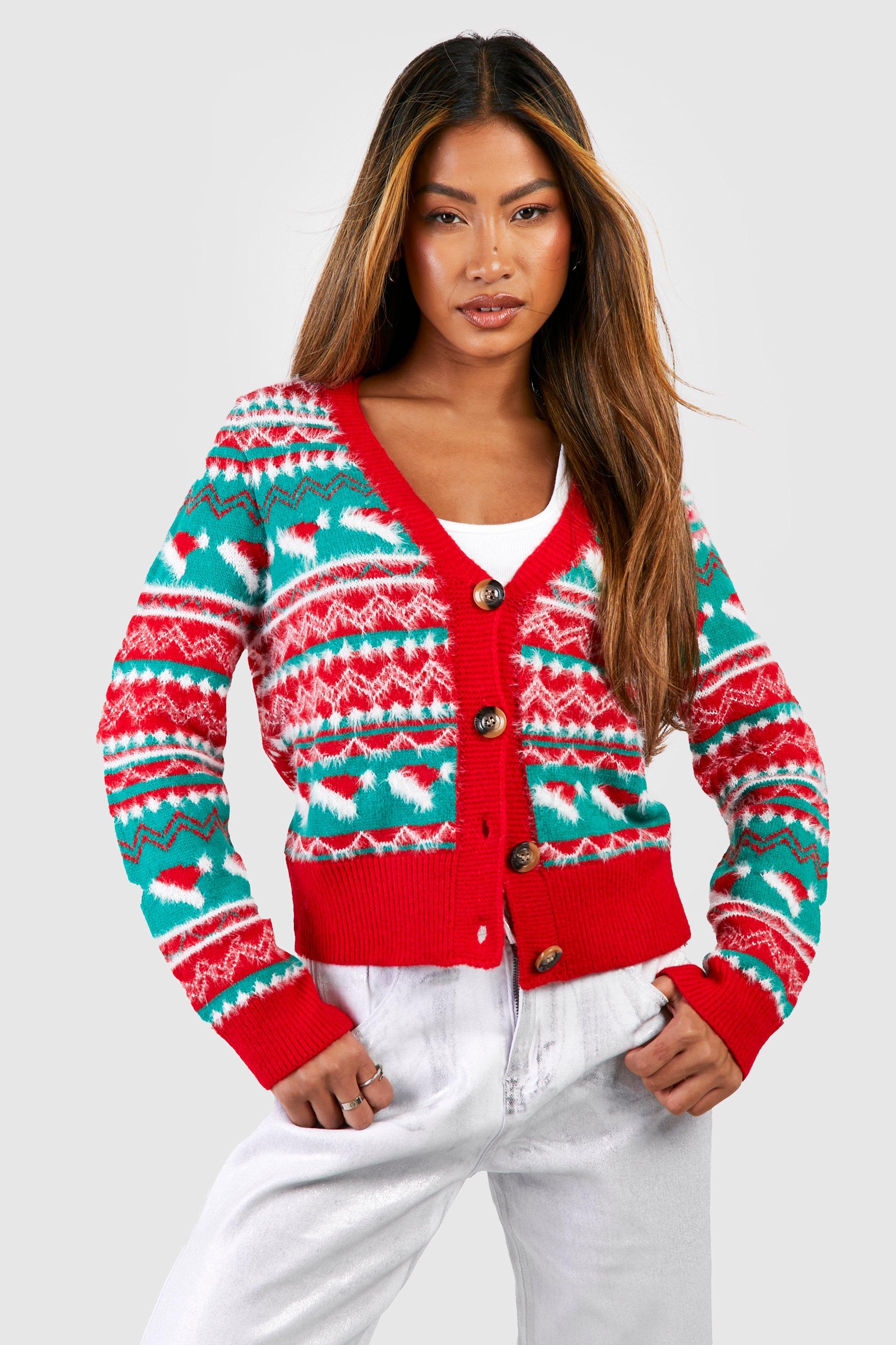 1950s Sweaters, 50s Cardigans, 50s Jumpers Womens Soft Knit Fairisle Christmas Cardigan - Red - M $35.00 AT vintagedancer.com