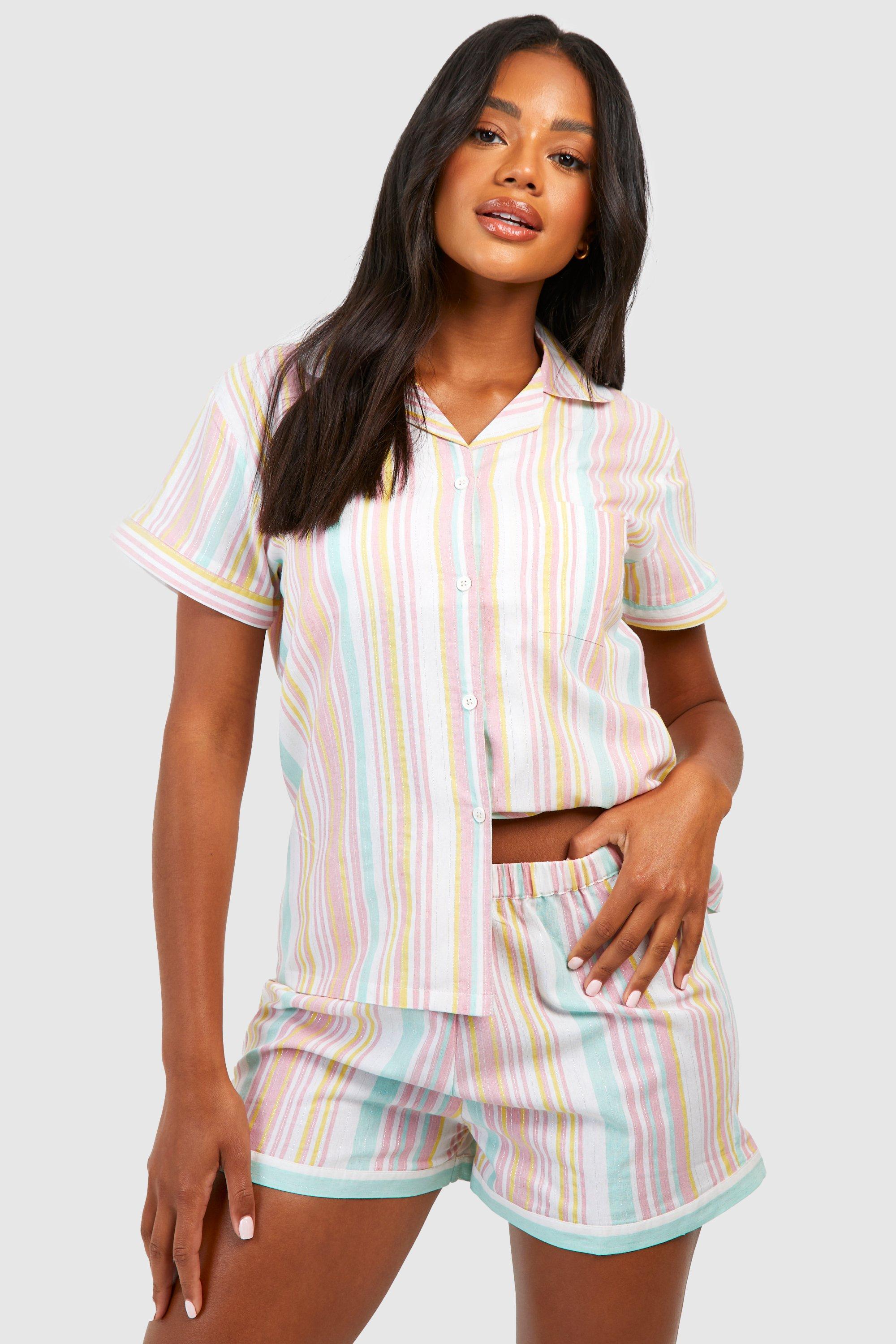 Womens Cotton Stripe Pyjama Shirt & Short Set - Multi - 12, Multi