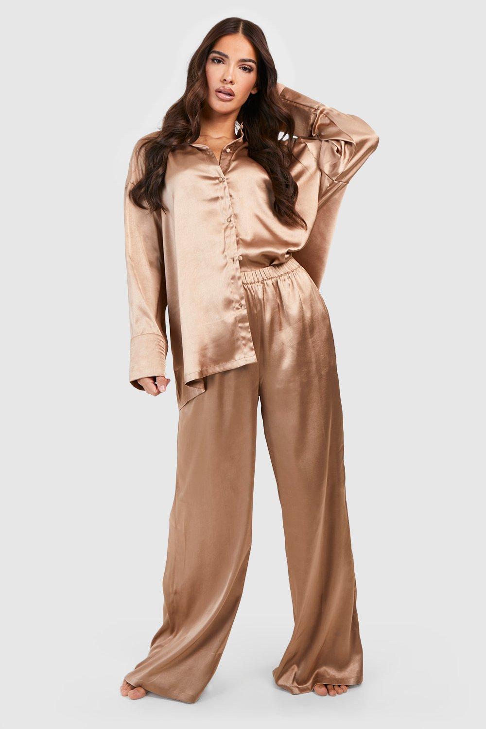 Womens Oversized Satin Pyjama Shirt & Trouser Set - Brown - 14, Brown