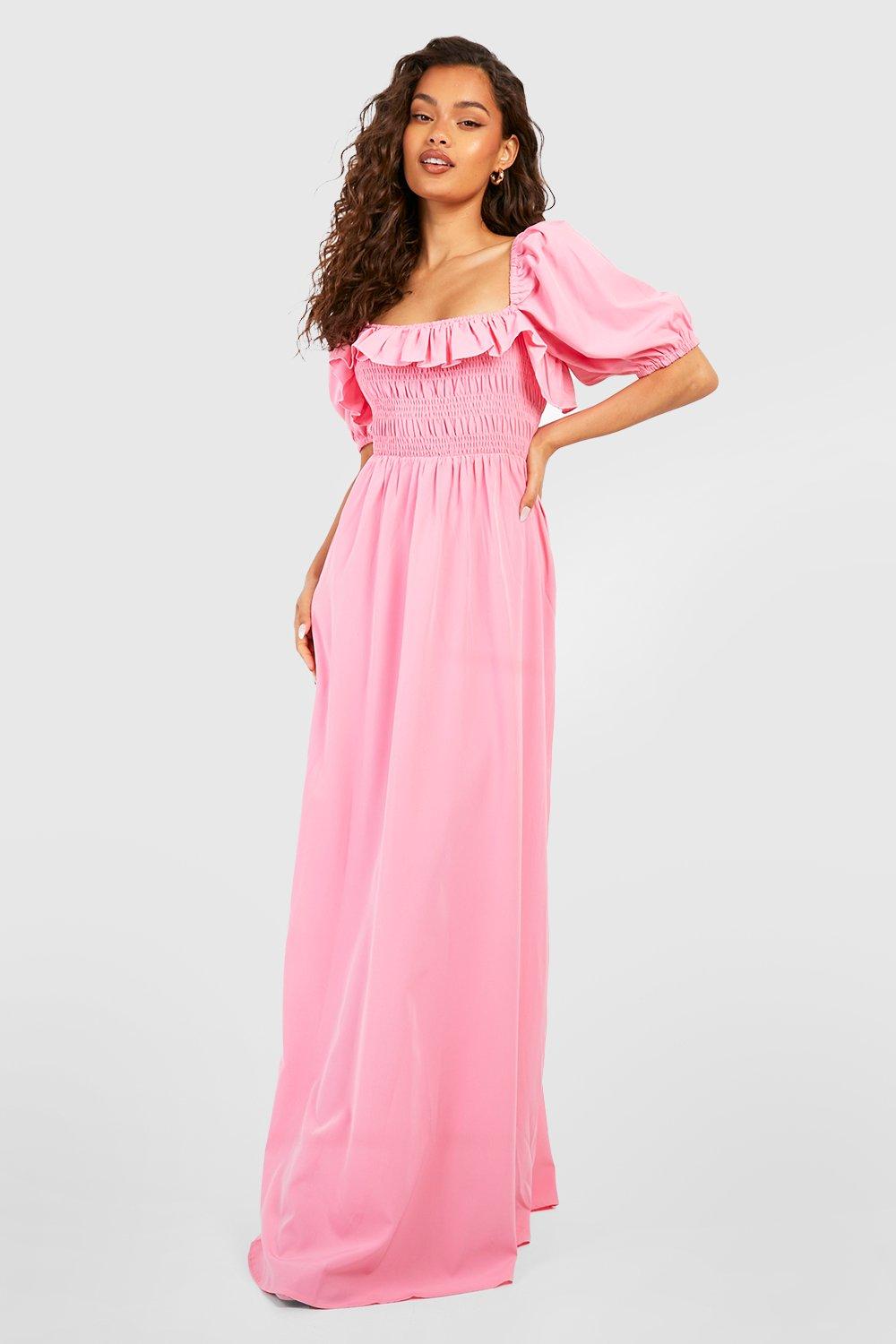 80s Prom Dresses – Party, Cocktail, Bridesmaid, Formal Womens Puff Sleeve Shirred Maxi Dress - Pink - 14 $50.00 AT vintagedancer.com