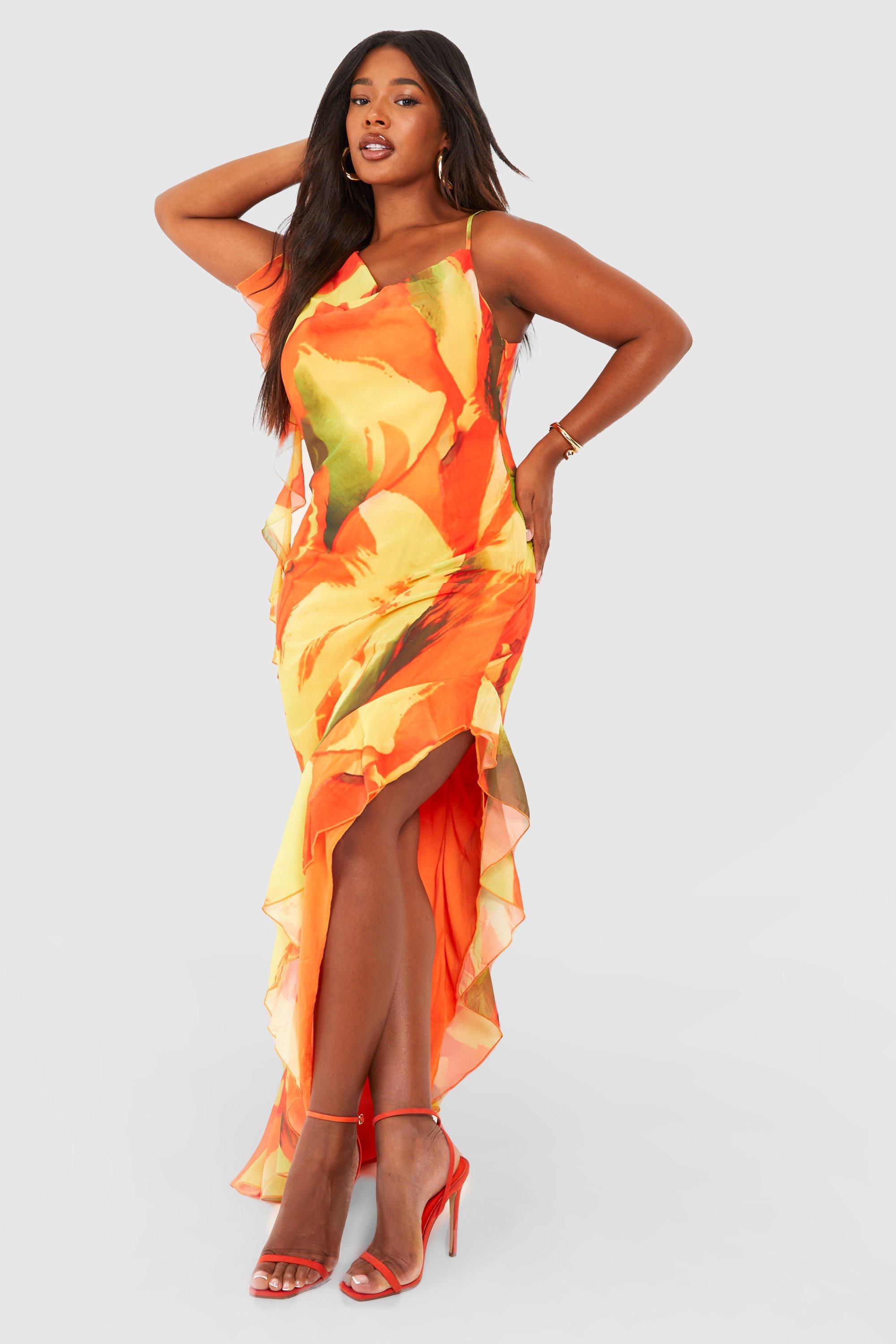 Womens Plus Printed Ruffle Maxi Dress - Orange - 18, Orange