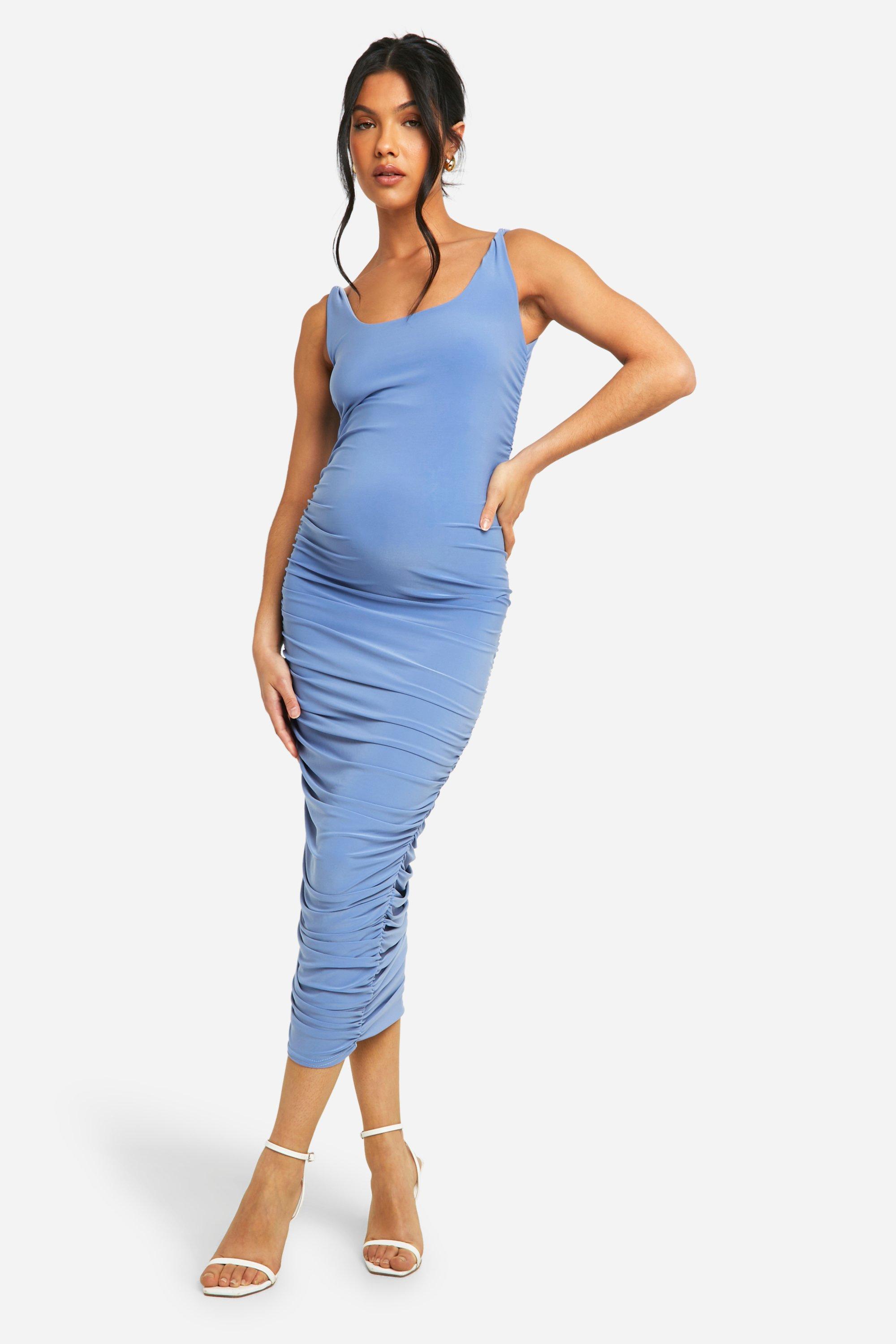 Boohoo Maternity Twist Strap Ruched Midi Dress, Blue