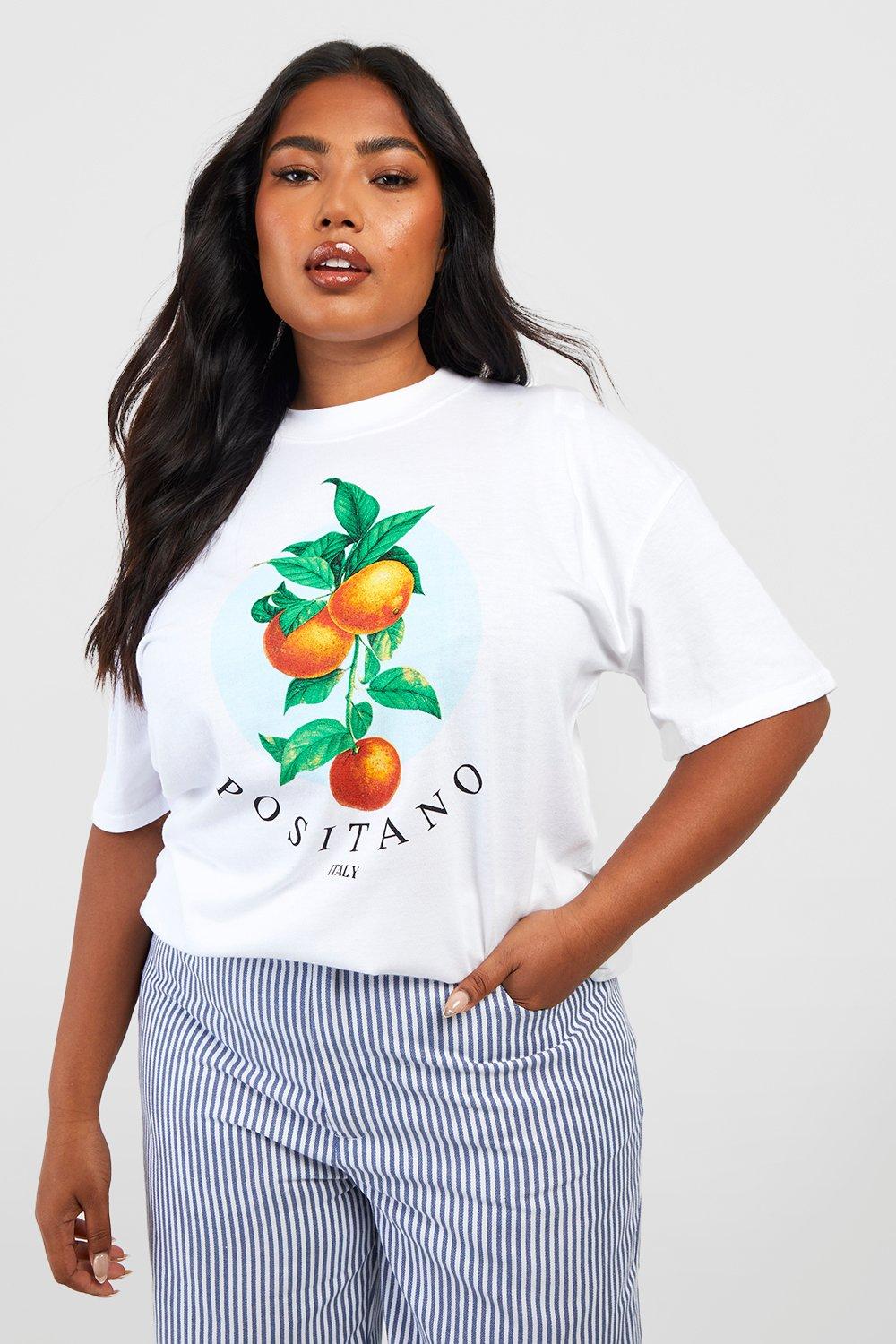 Image of T-shirt Plus Size oversize con scritta Positano, Bianco
