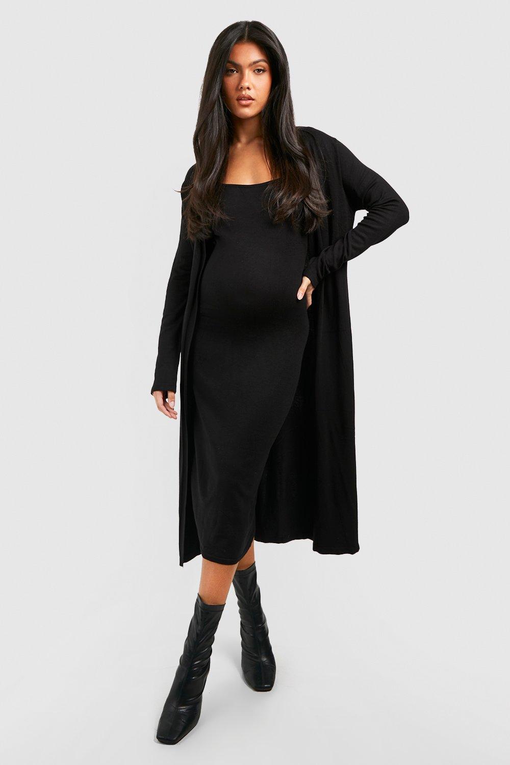Womens Maternity Knitted Midi Dress And Duster Set - Black - L, Black
