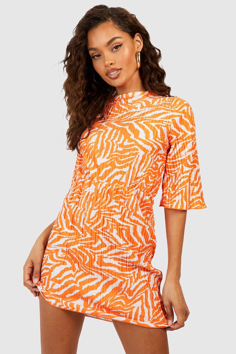 Womens Zebra Plisse Boxy T-Shirt Dress - Orange - 8, Orange