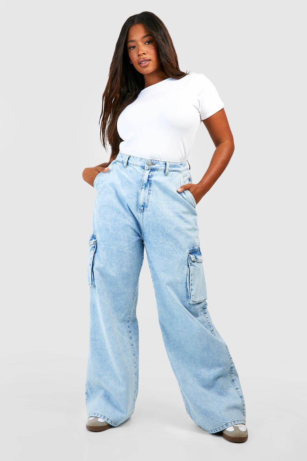 Womens Plus Basic High Rise Cargo Jeans - Blue - 16, Blue