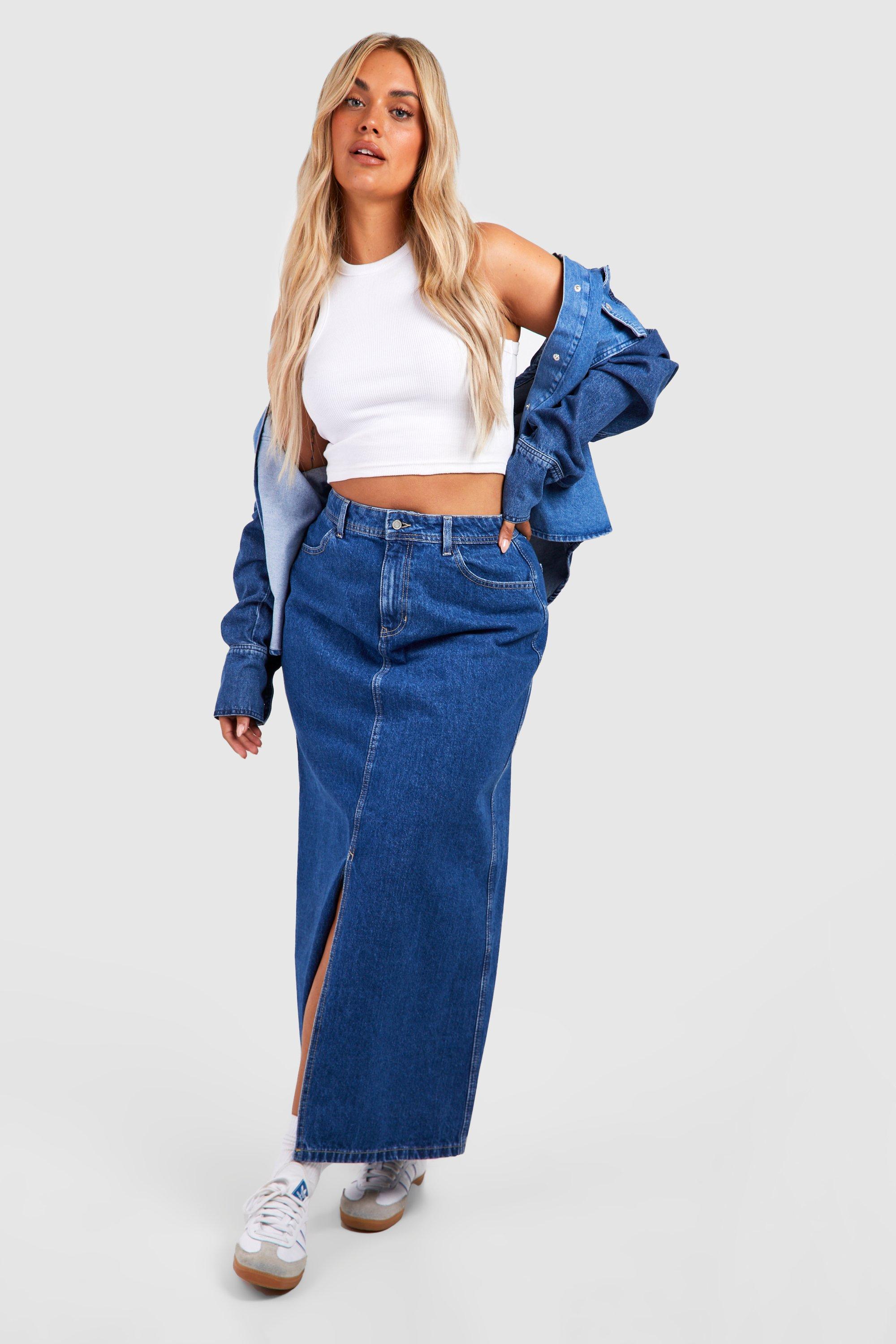 Boohoo Plus Middelblauwe Maxi Spijkerrok, Mid Blue