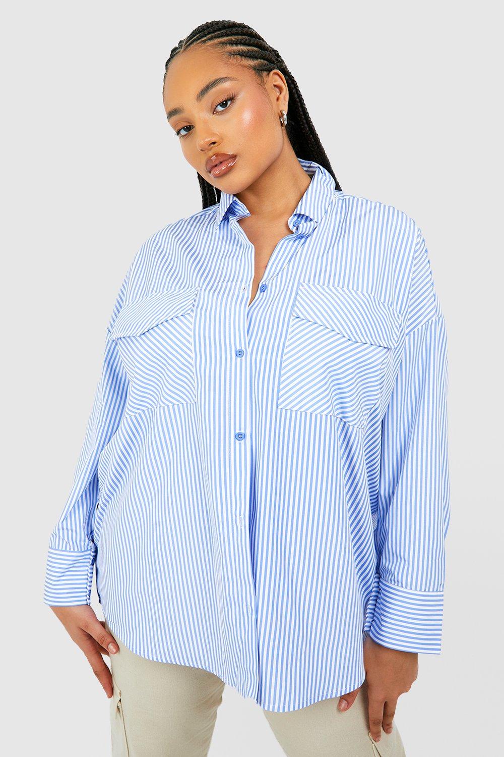 Image of Camicia Plus Size oversize con righe a contrasto, Azzurro