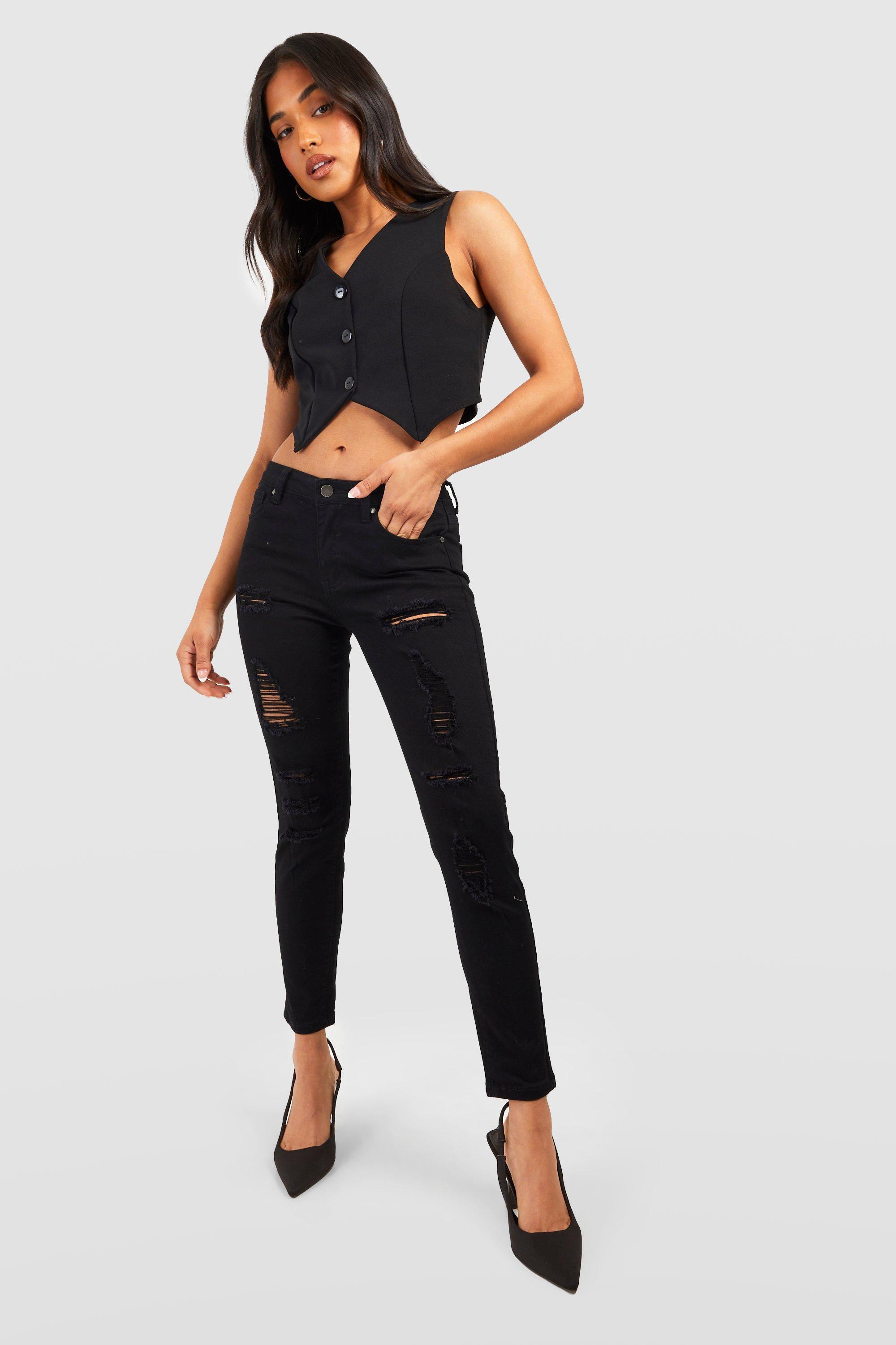 Boohoo Petite Versleten Skinny Jeans, Black