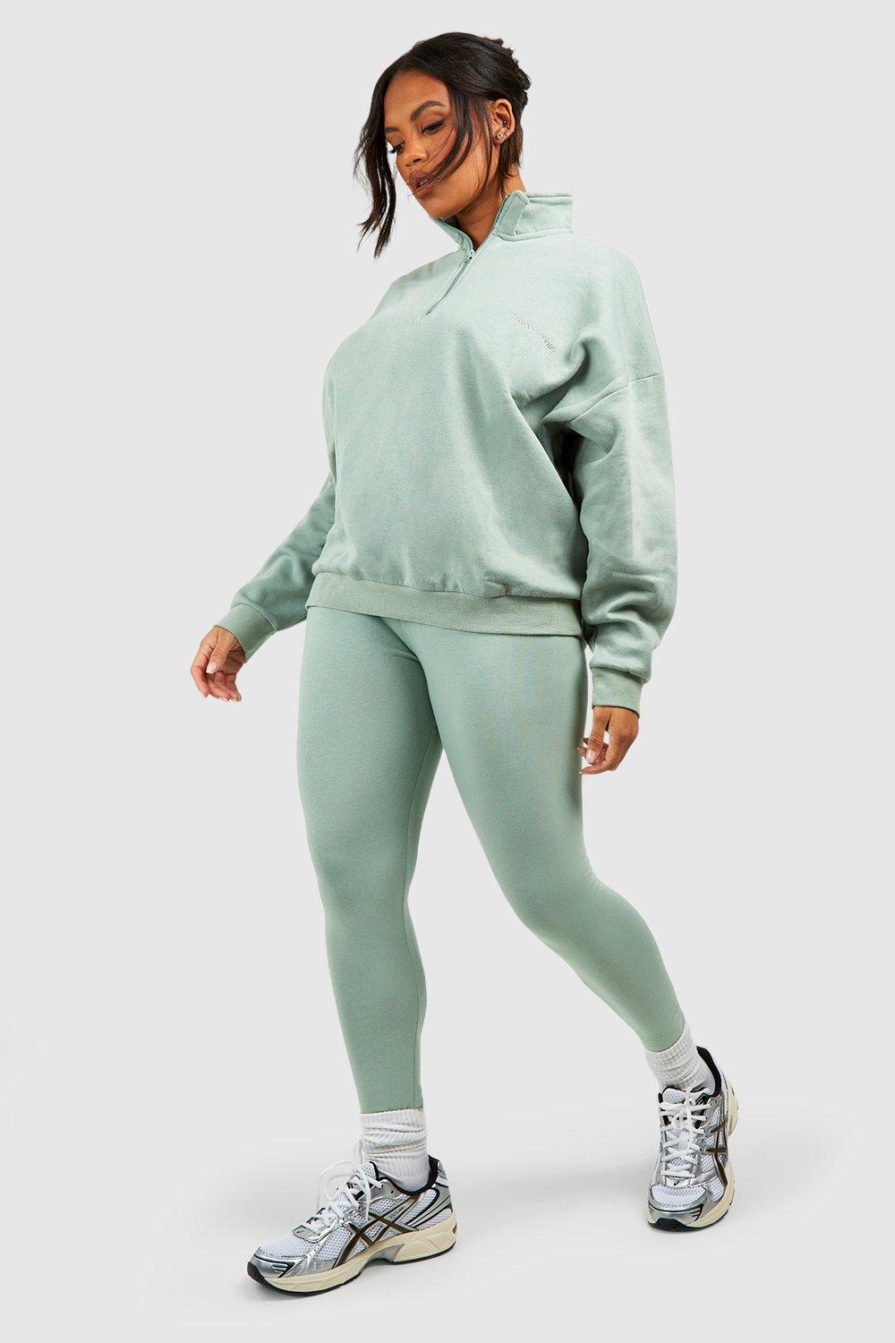 Image of Set felpa Plus Size oversize con zip corta & legging, Verde