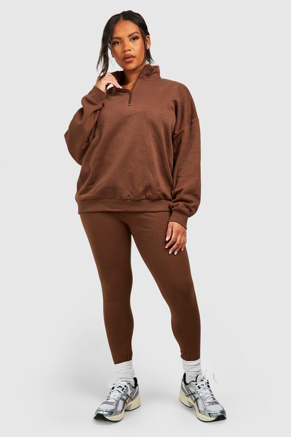 Image of Set felpa Plus Size oversize con zip corta & legging, Brown