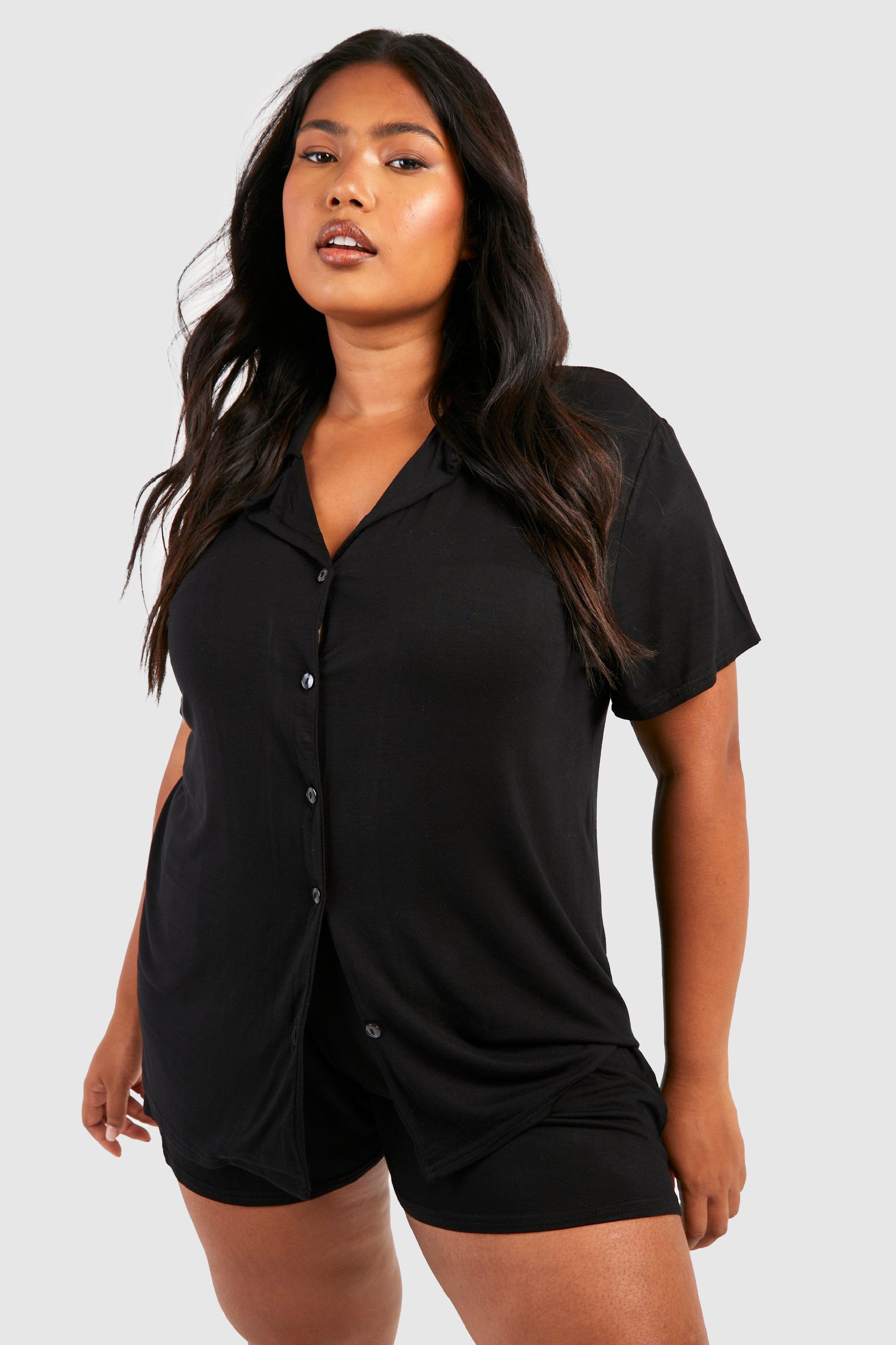 Womens Plus Peached Jersey Short Sleeve Button Up Pj Shirt - Black - 16, Black