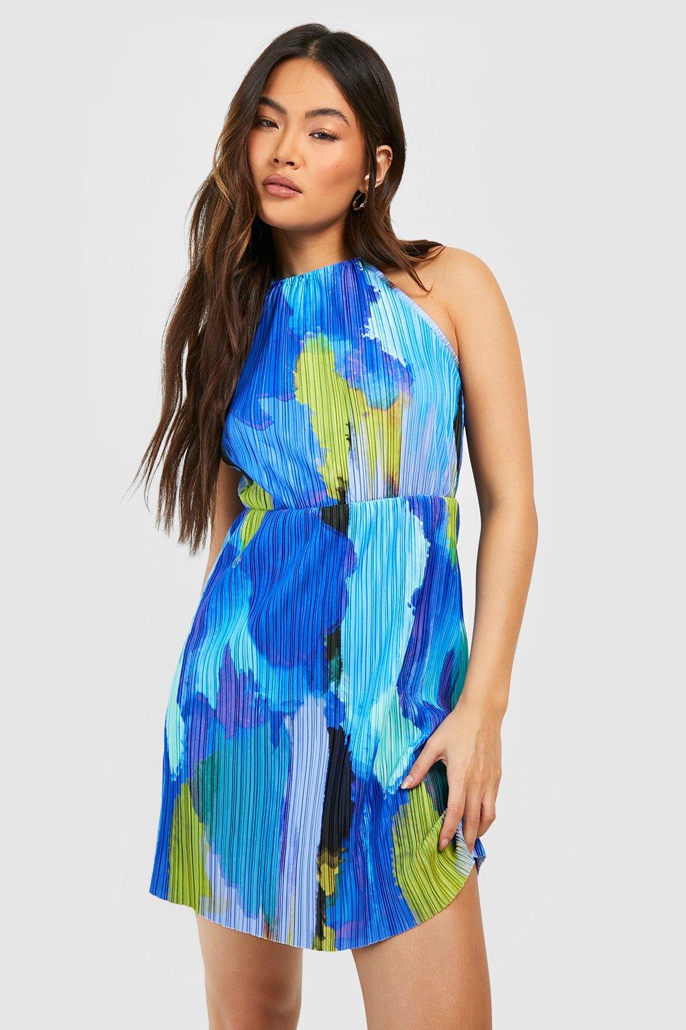 Boohoo Abstracte Plisse Skater Jurk, Blue