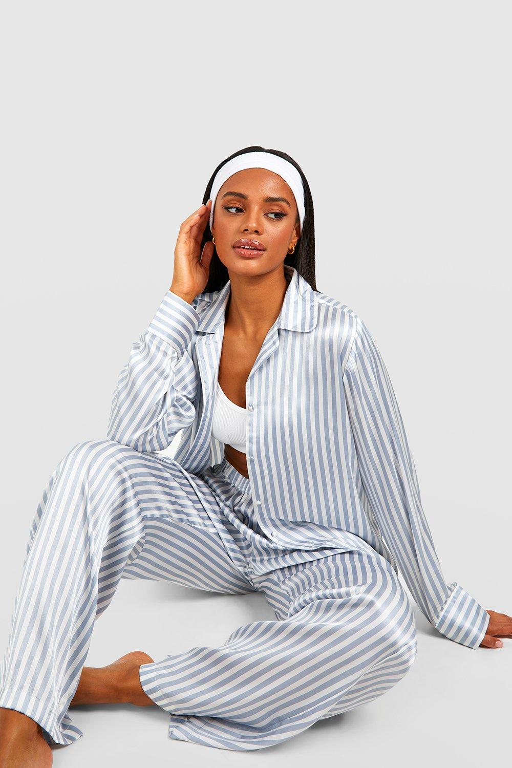 Womens Contrast Stripe Satin Pyjama Trouser Set - Grey - 14, Grey