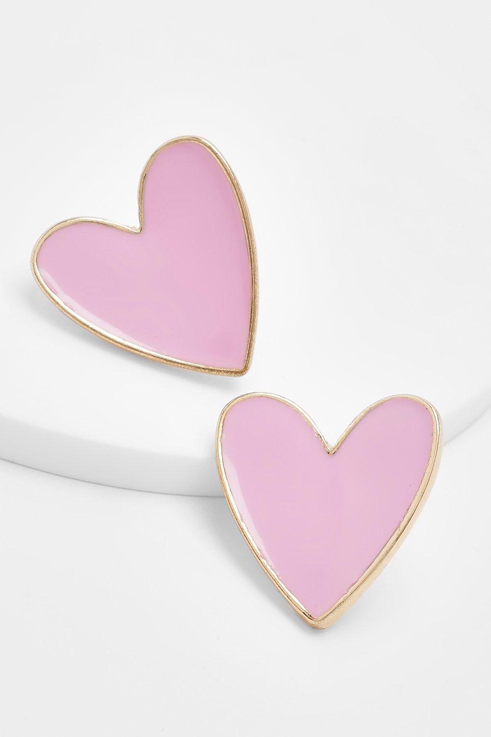 Womens Enamel Heart Stud Earrings - Pink - One Size, Pink