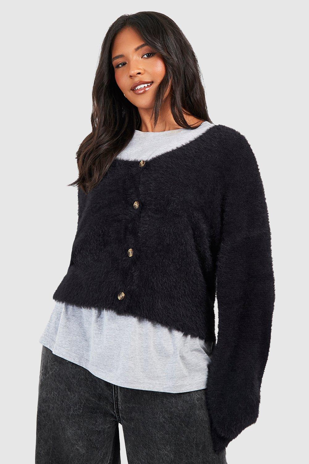 womens plus fluffy knit cardigan - black - 20-22, black