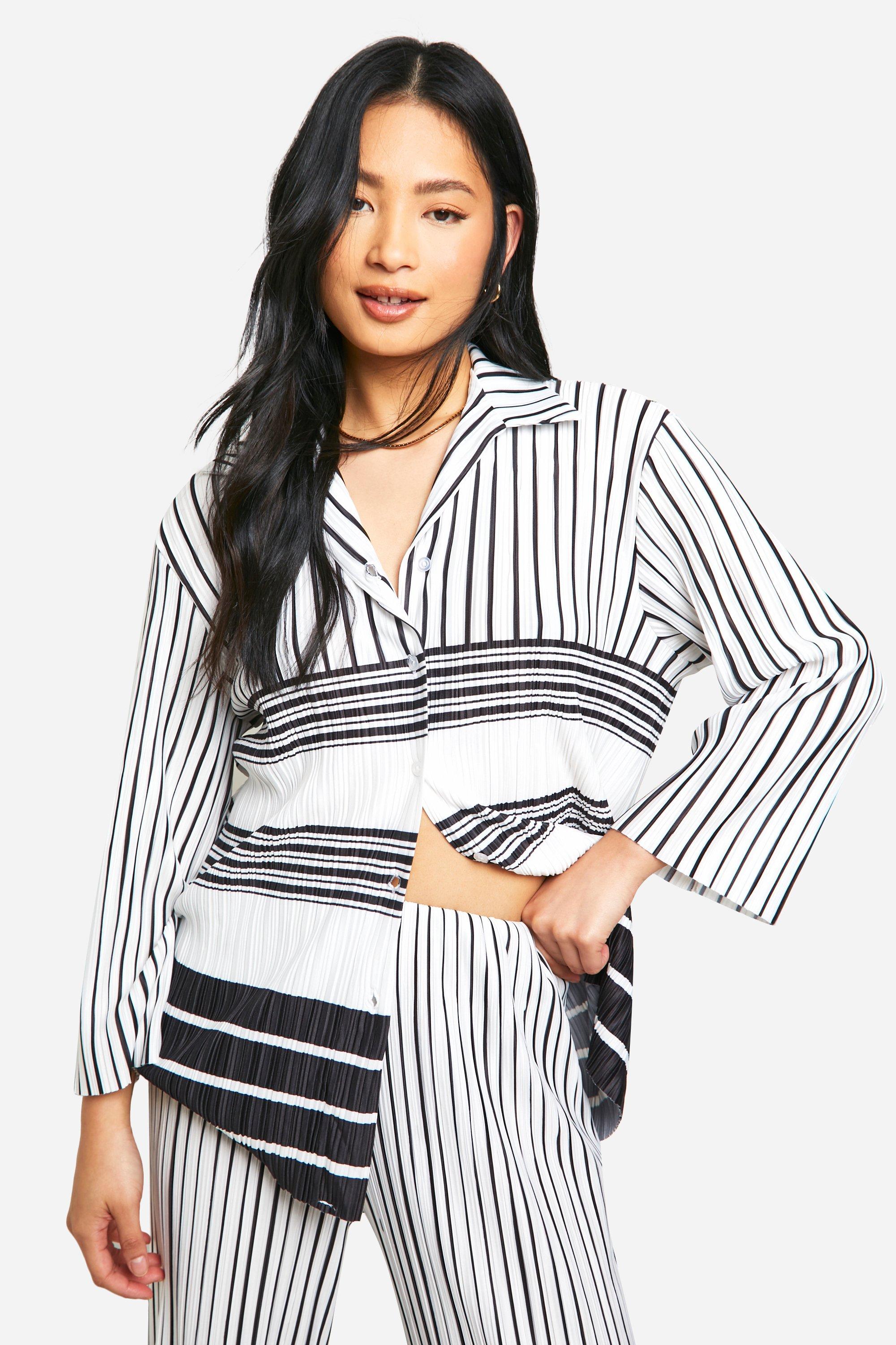 Image of Petite Stripe Plisse Oversized Shirt, Bianco