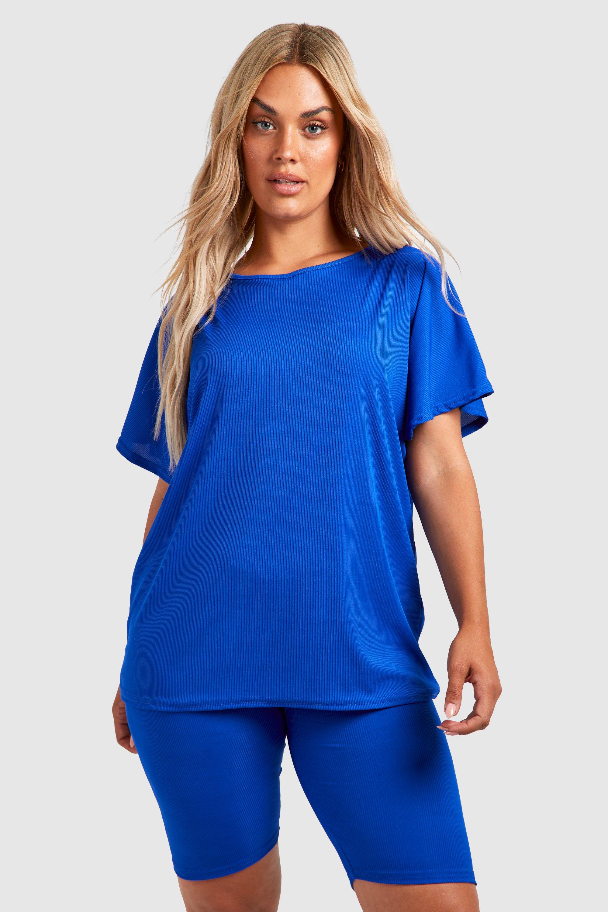 Womens Plus Oversized Rib T-Shirt & Cycling Shorts Set - Blue - 28, Blue