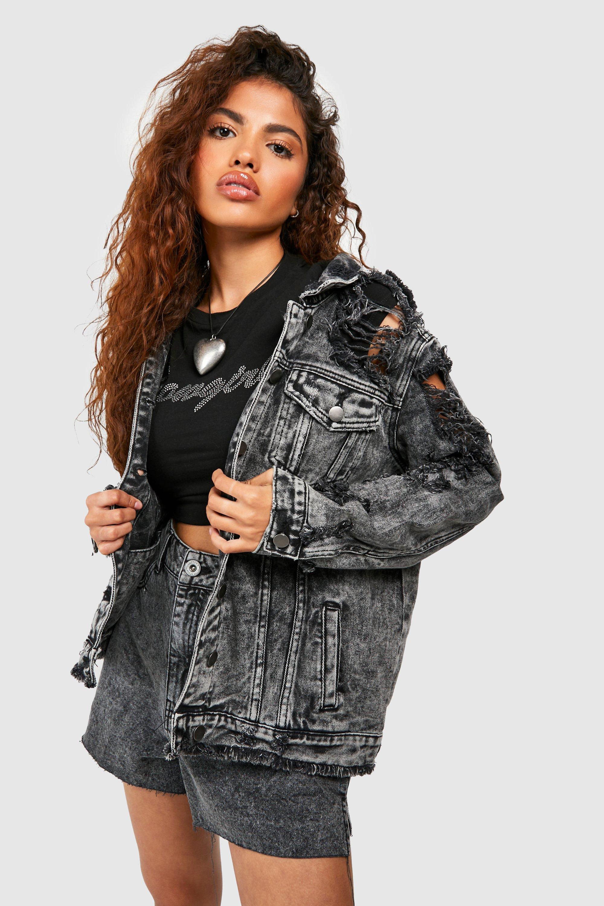 Womens Petite Acid Wash Distressed Oversized Denim Jacket - Black - 2, Black