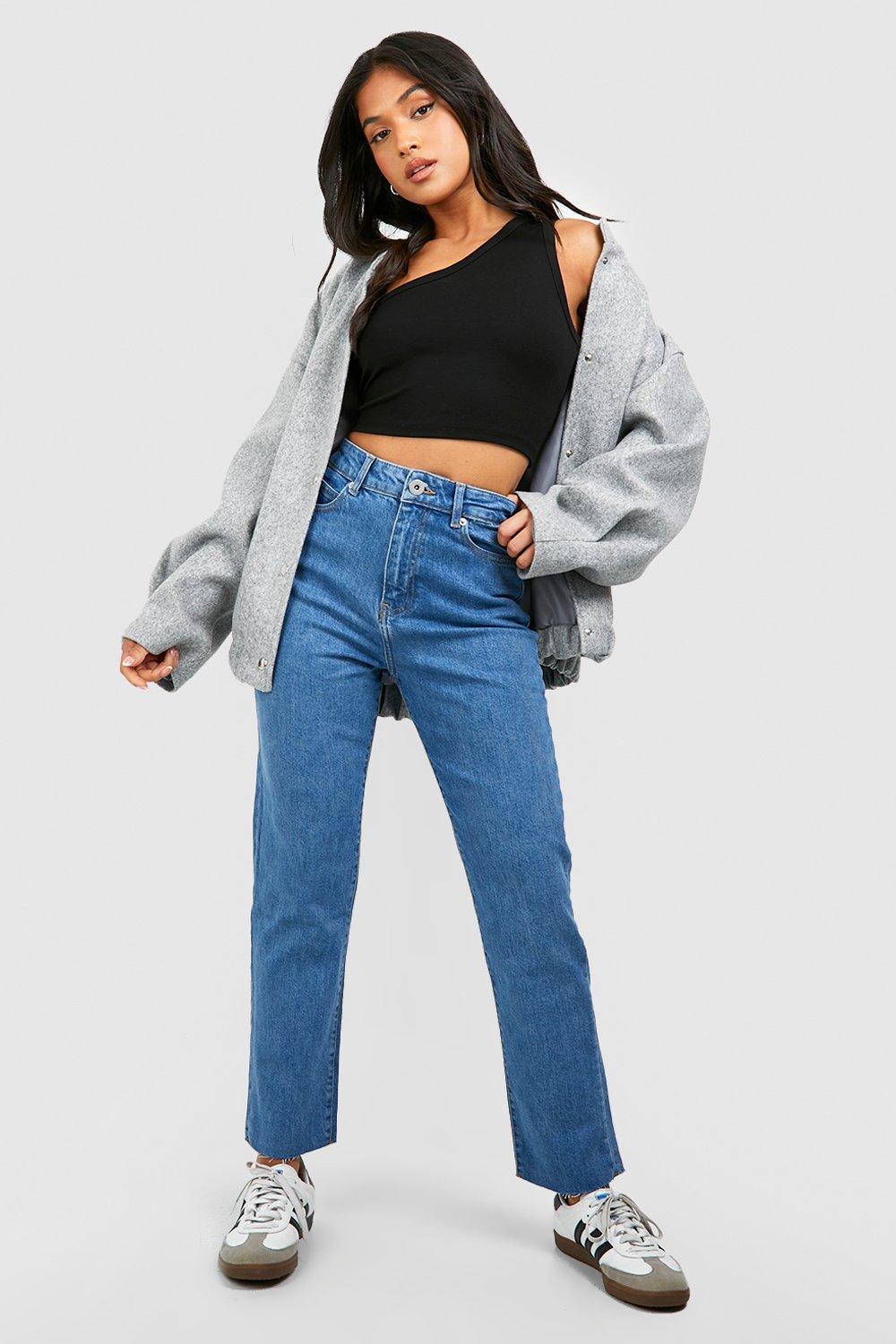 Boohoo Petite High Waist Jeans Met Onbewerkte Zoom, Light Blue