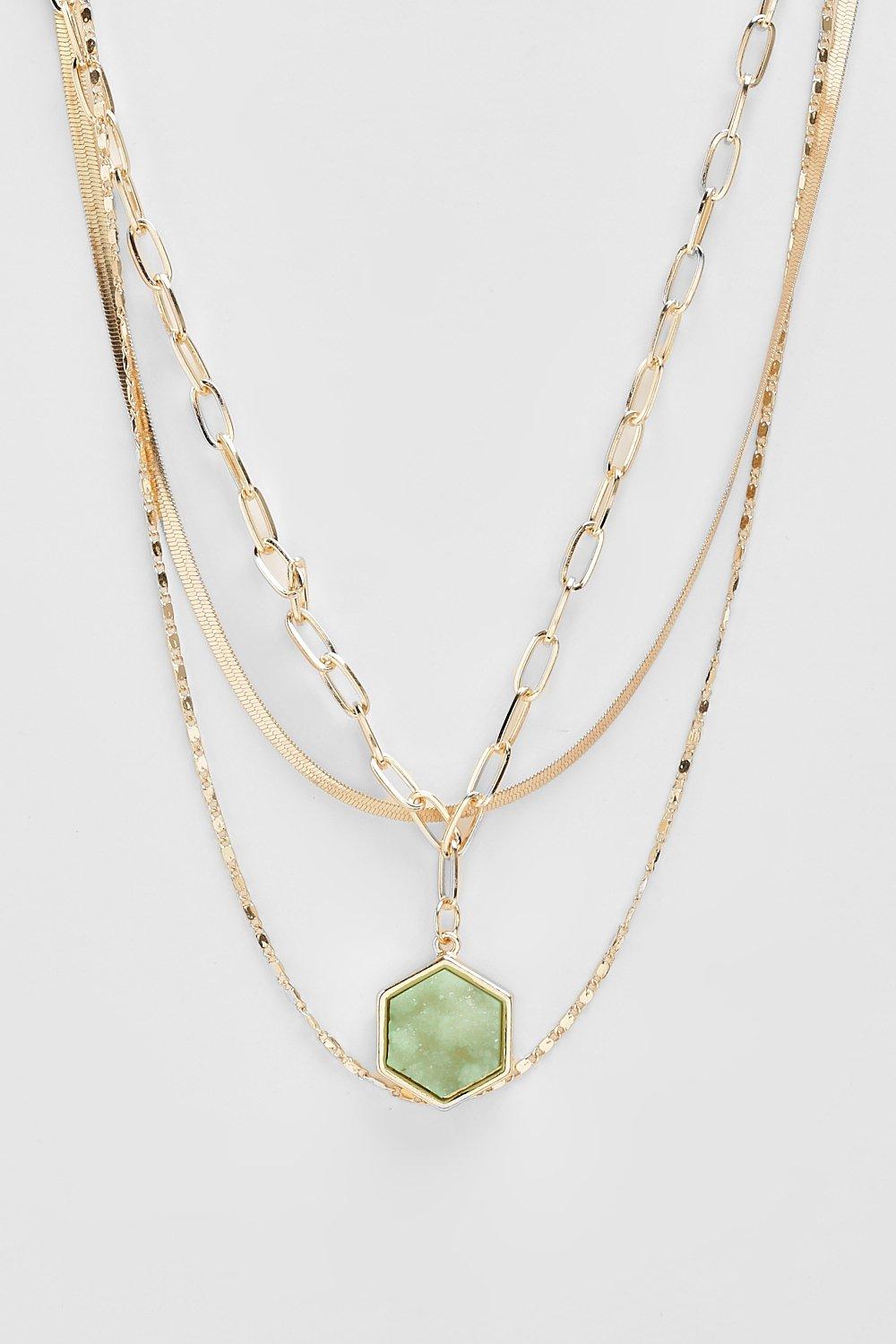 Womens Green Stone Drop Chain Necklace - Gold - One Size, Gold