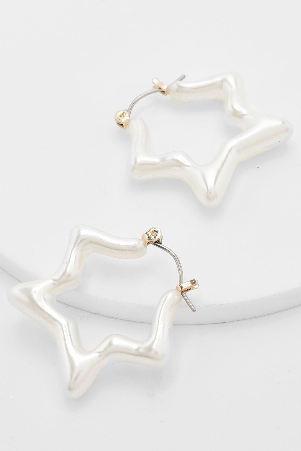 Womens Pearl Star Shape Hoop Earrings - White - One Size, White