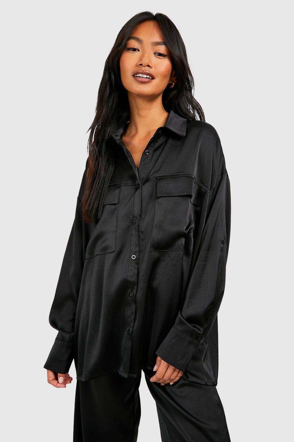 Womens Textured Matte Satin Pocket Front Shirt - Black - 8, Black