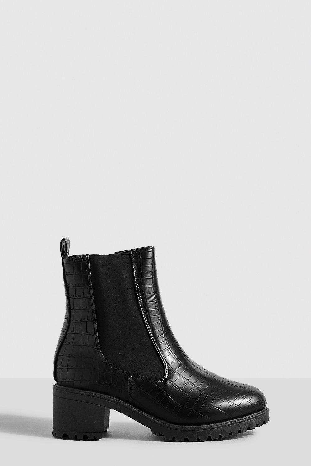 womens tab detail low block heel croc chelsea boots - black - 6, black