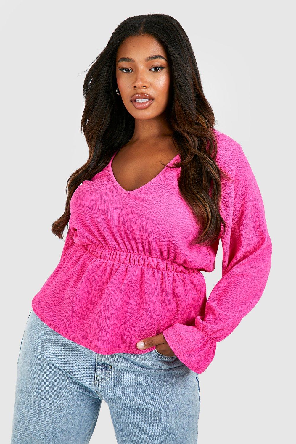 Boohoo Plus Peplum Top Met Geplooide Taille, Hot Pink