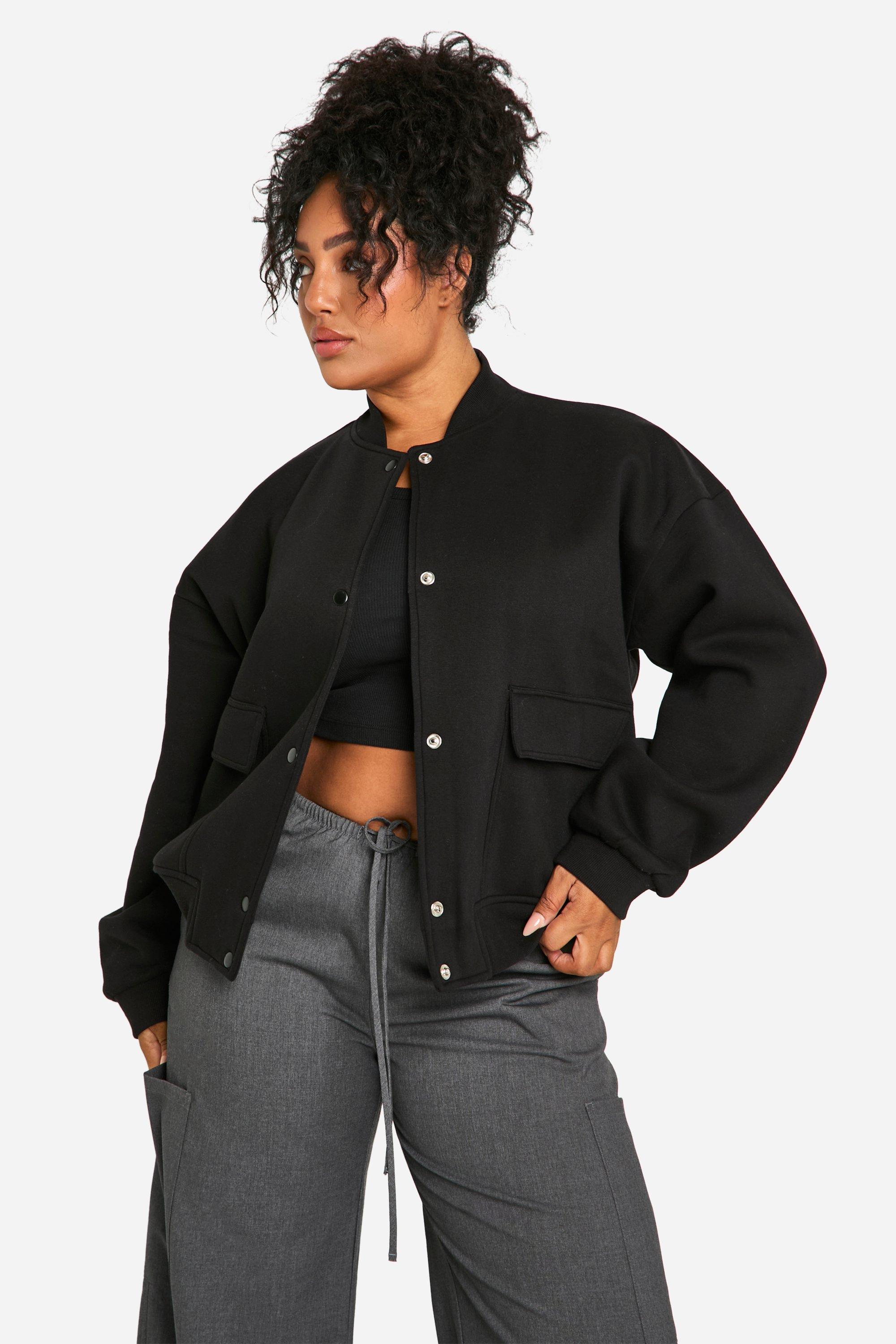 womens plus pocket detail bomber jacket - black - 16, black