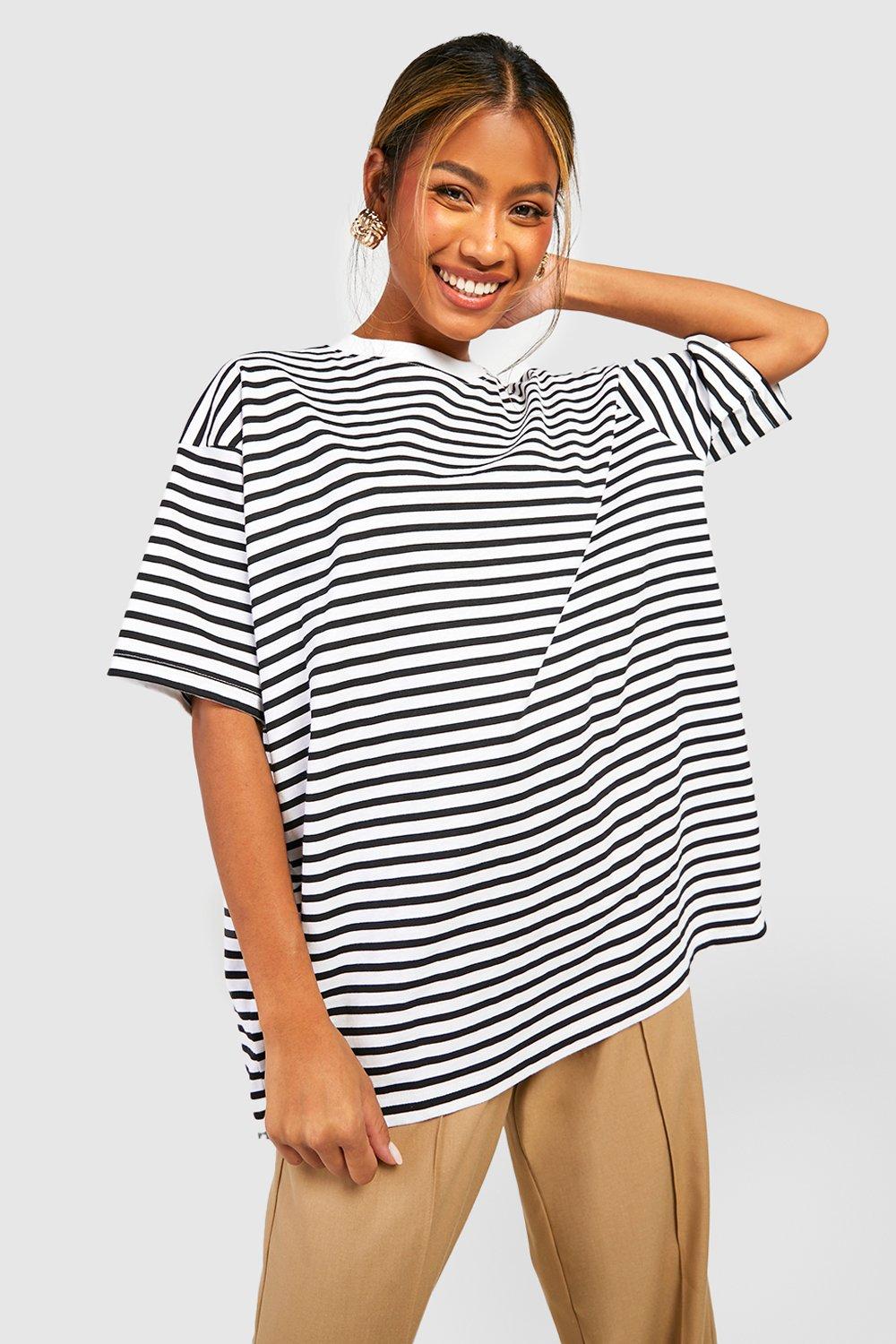 Image of T-shirt oversize Basic in cotone a righe, Bianco
