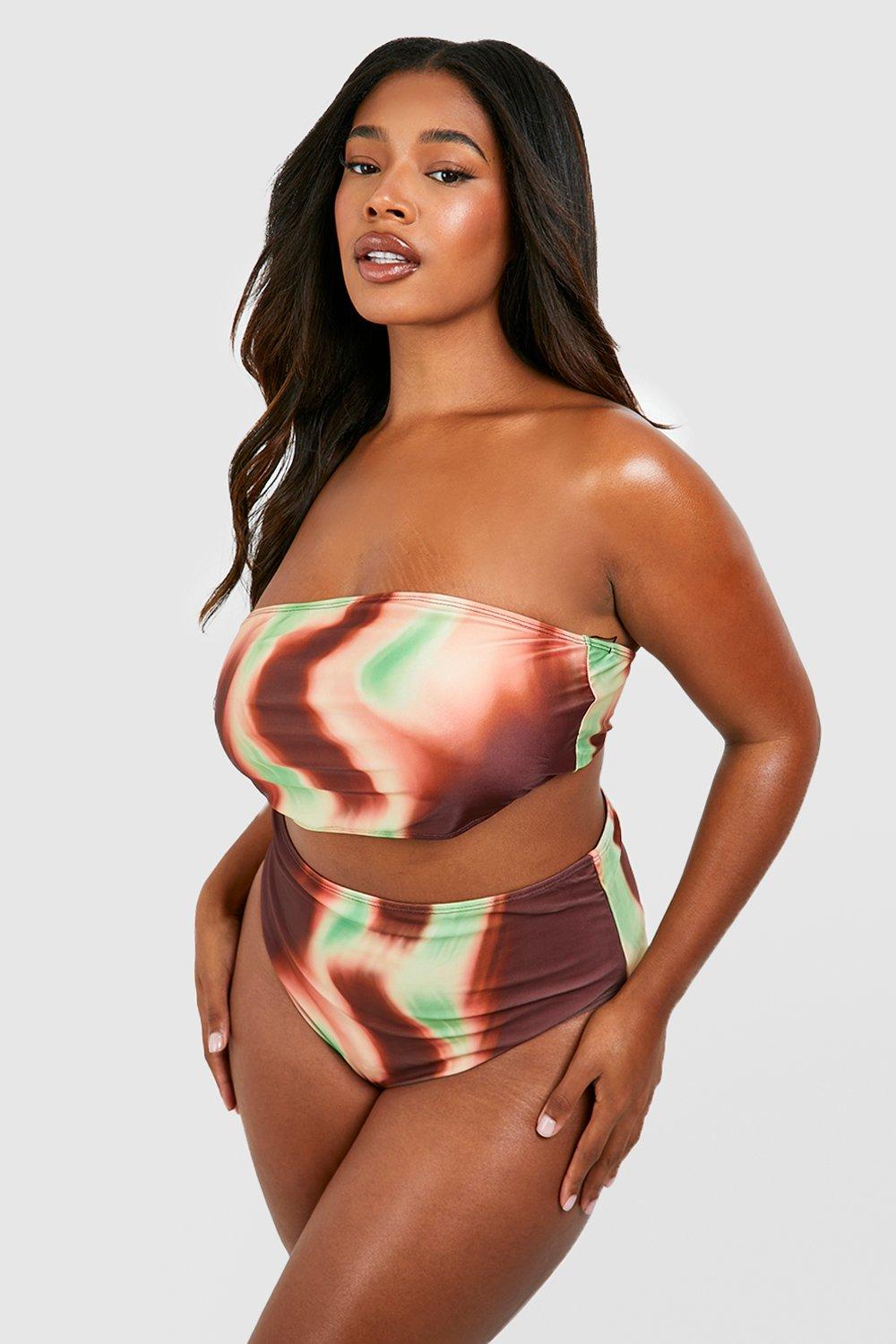 Image of Set bikini Plus Size a fascia con stampa a onde, Brown