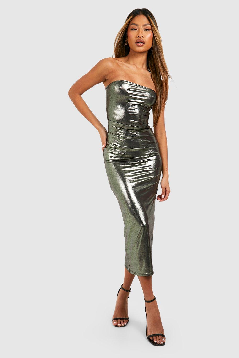 Womens Metallic Jersey Bandeau Midaxi Dress - Gold - 18, Gold